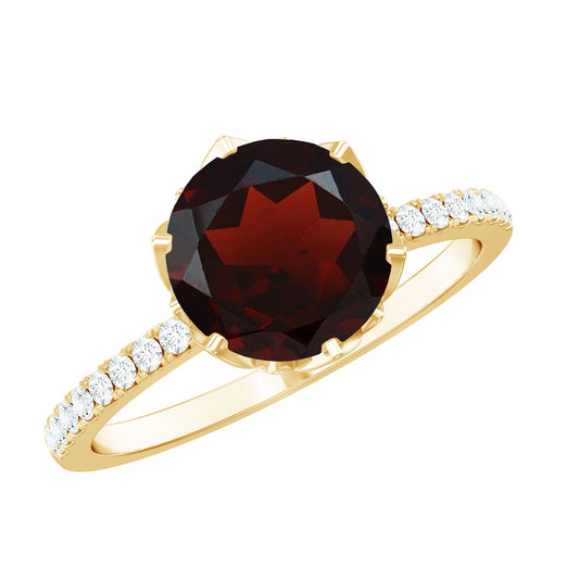 Natural 8mm Garnet Solitaire Engagement Ring with Diamond