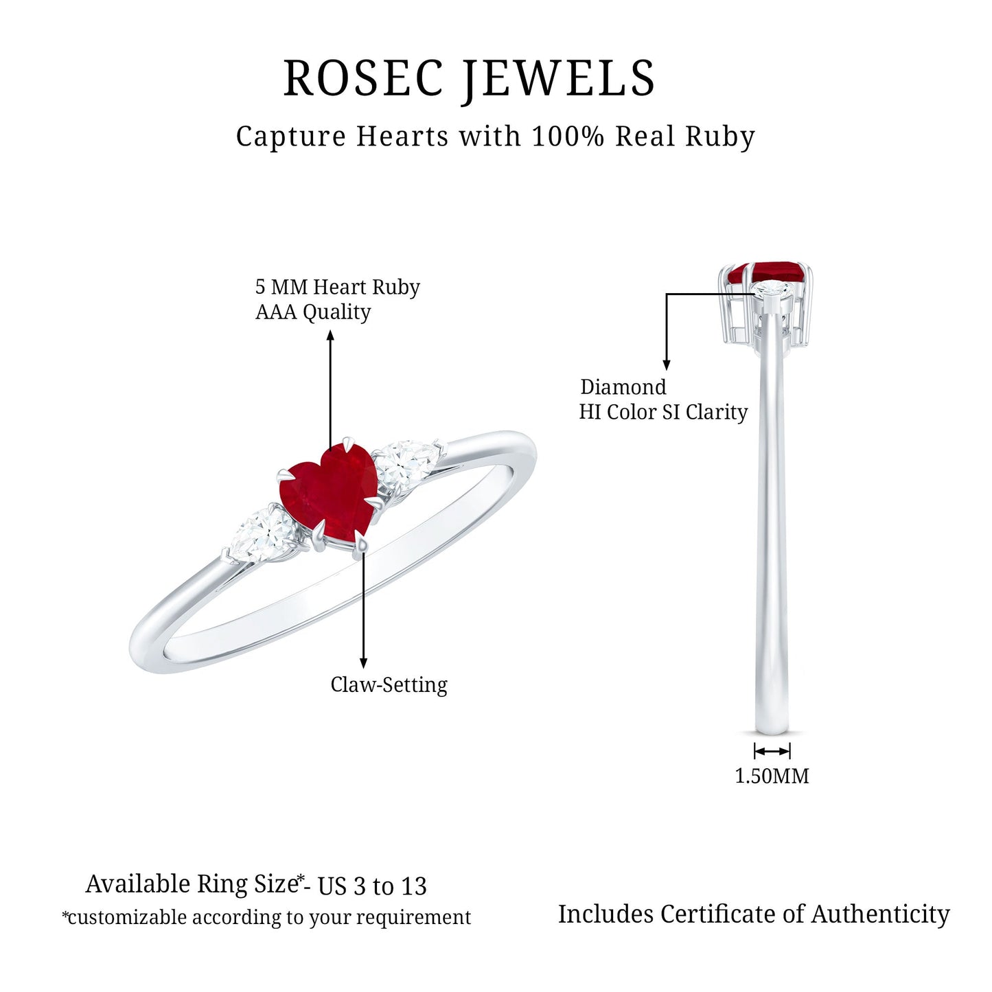 Natural 0.6 Carat Heart Shape Ruby Diamond 3 Stone Promise Ring