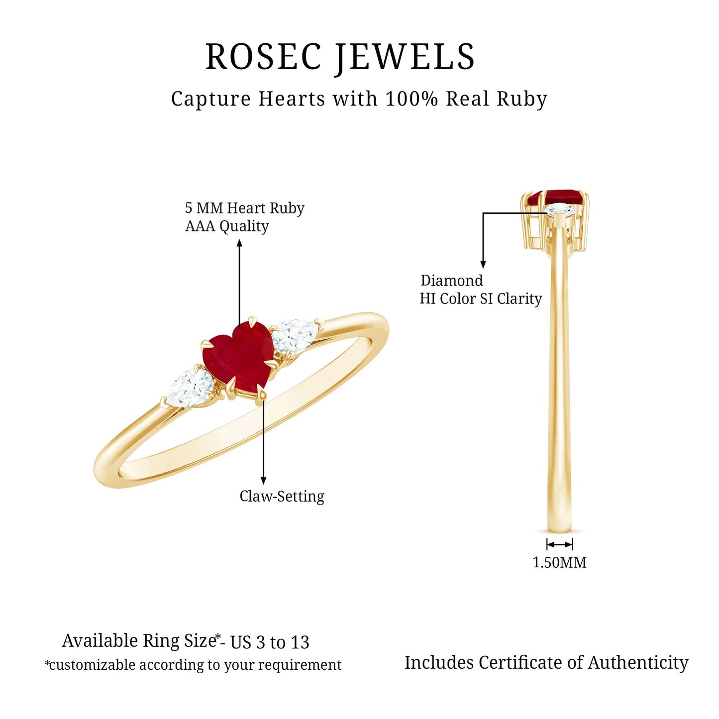 Natural 0.6 Carat Heart Shape Ruby Diamond 3 Stone Promise Ring