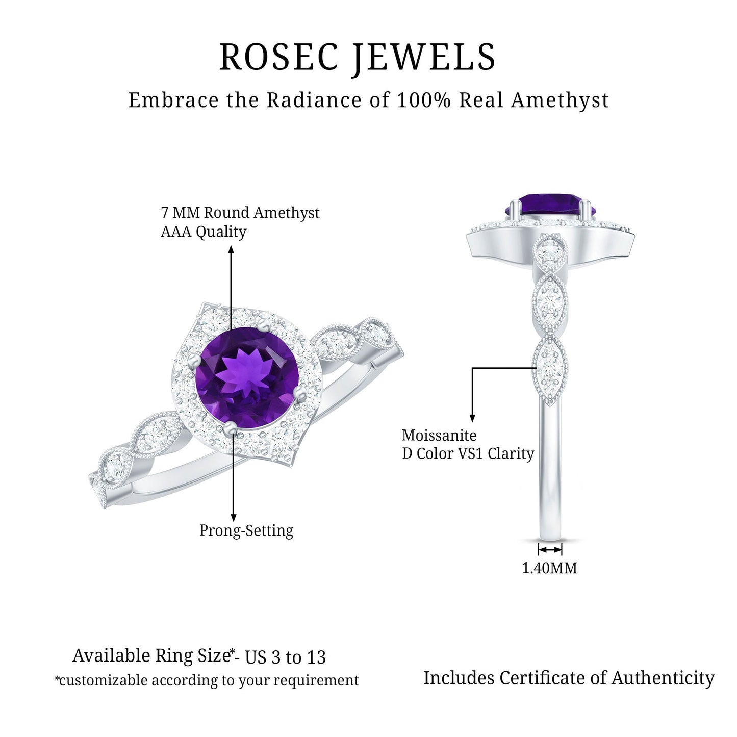 1.75 CT Vintage Amethyst Engagement Ring with Moissanite Accent