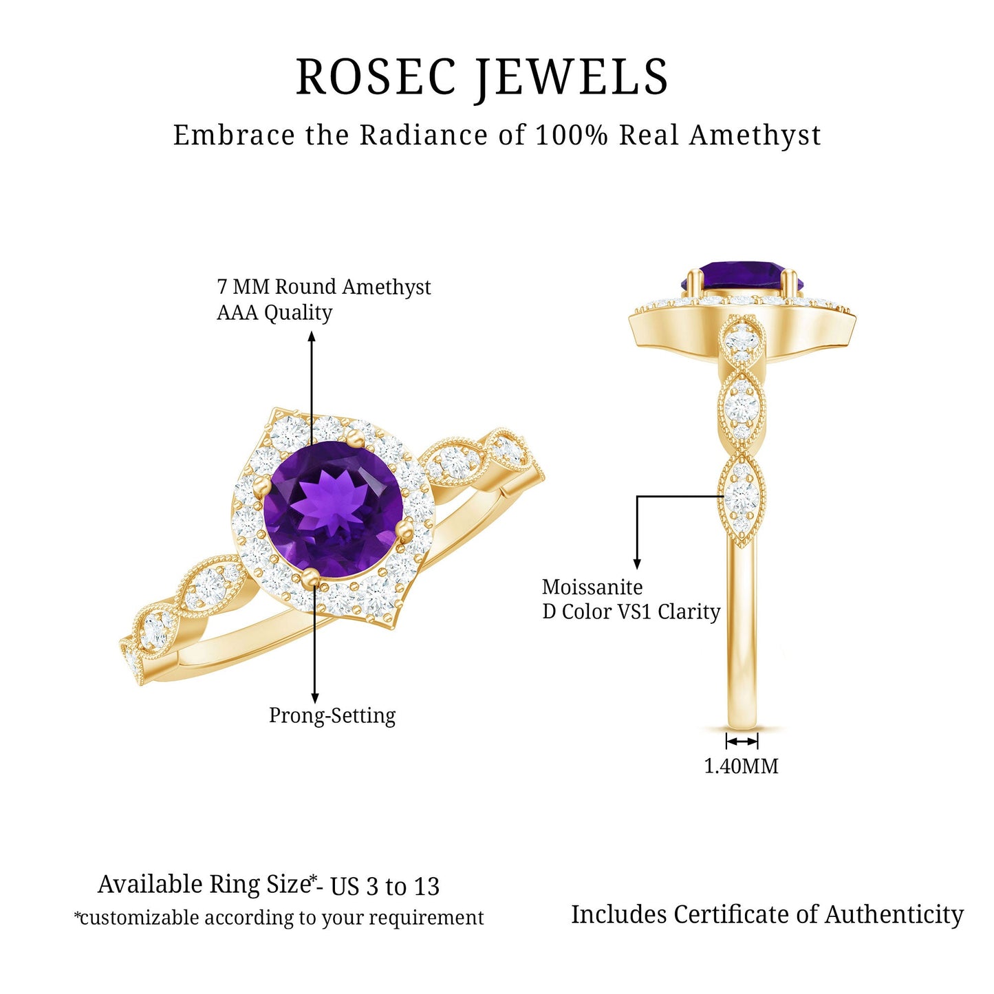 1.75 CT Vintage Amethyst Engagement Ring with Moissanite Accent