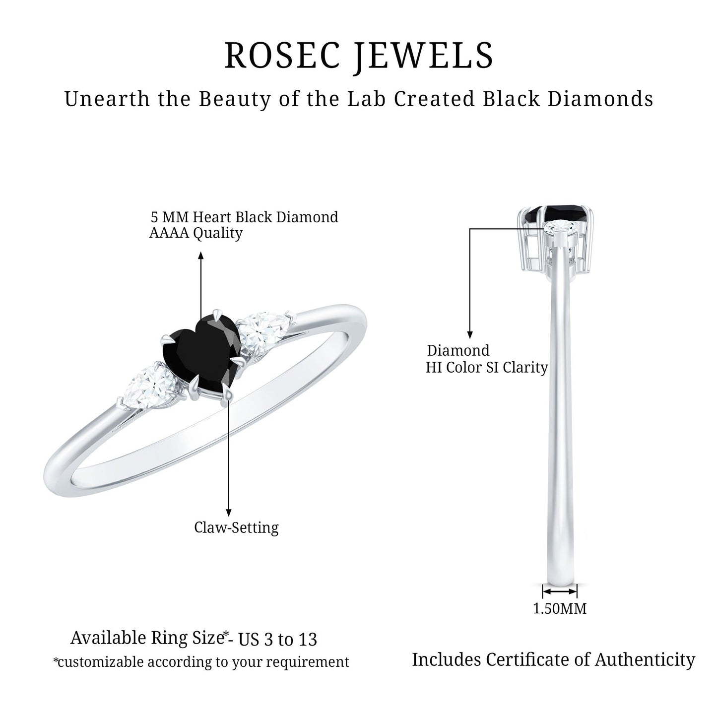 Certified Lab Grown Black Diamond Heart Promise Ring with White Diamond