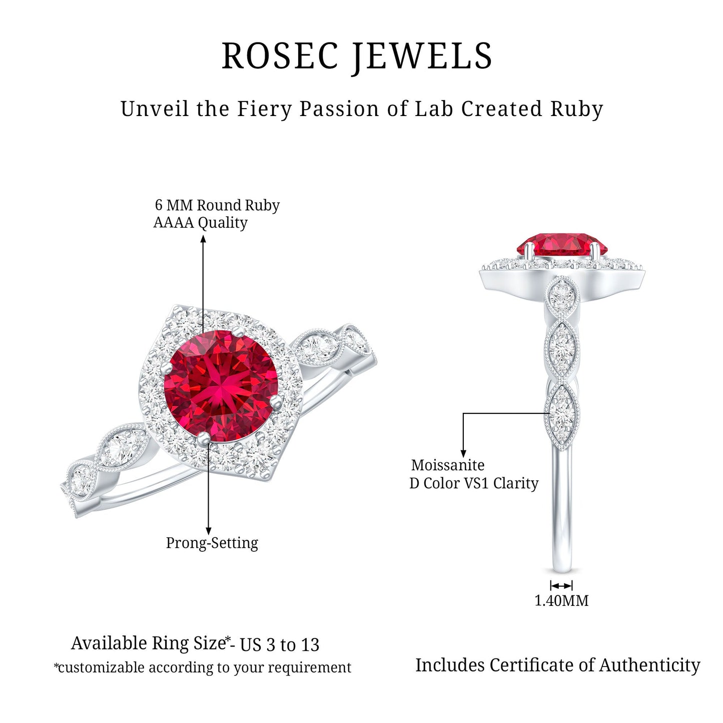 2 CT Vintage Style Created Ruby Engagement Ring with Moissanite