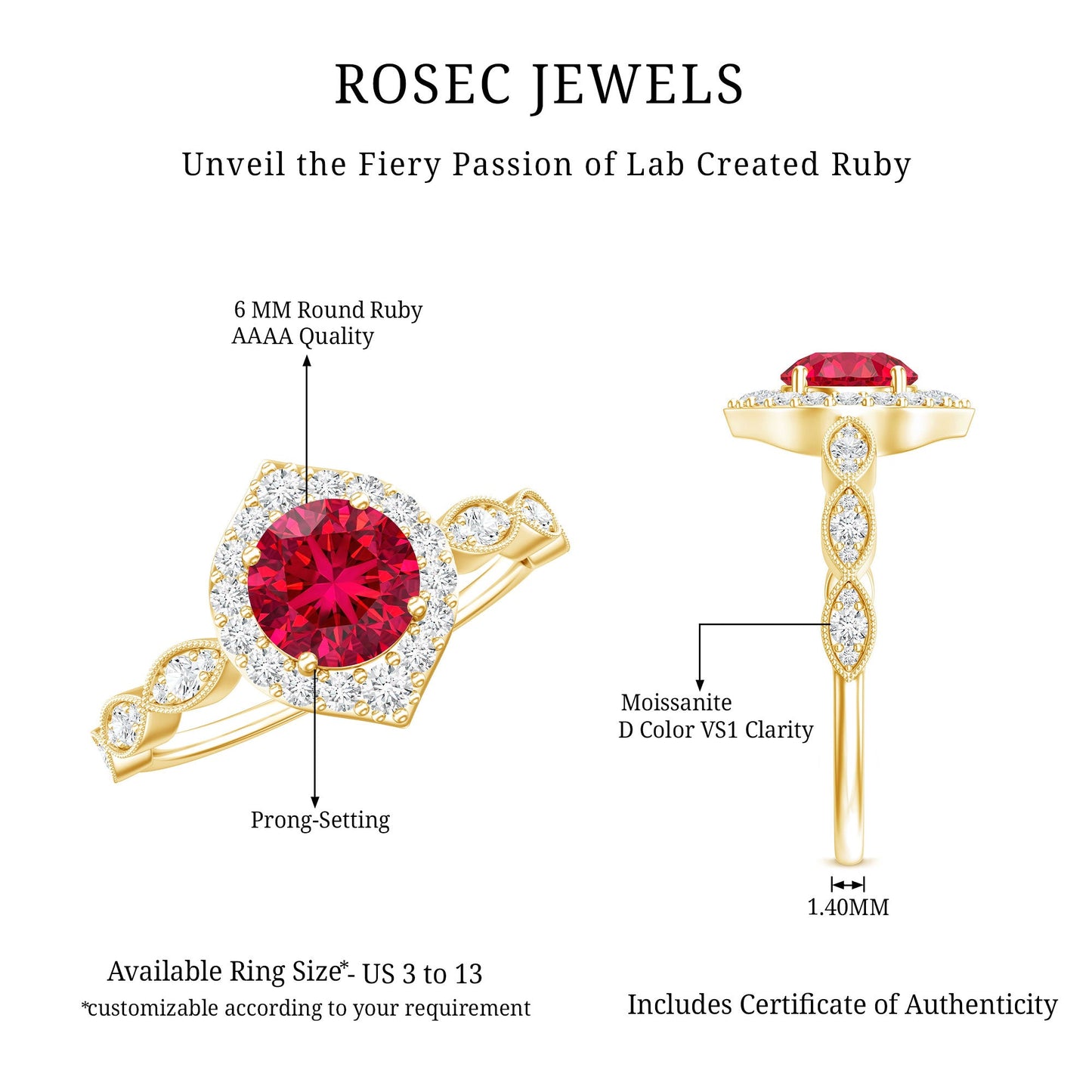 2 CT Vintage Style Created Ruby Engagement Ring with Moissanite