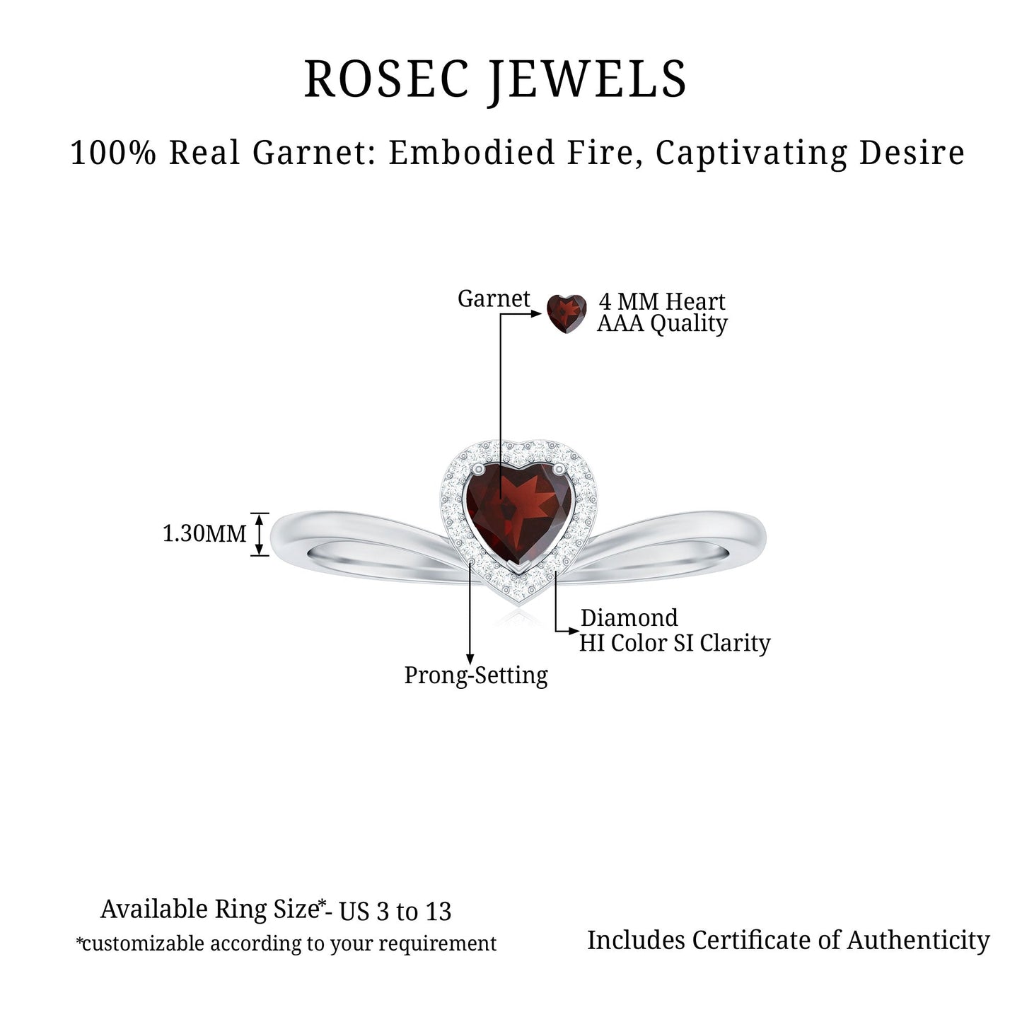 Certified Real Garnet Heart Promise Ring with Diamond Halo