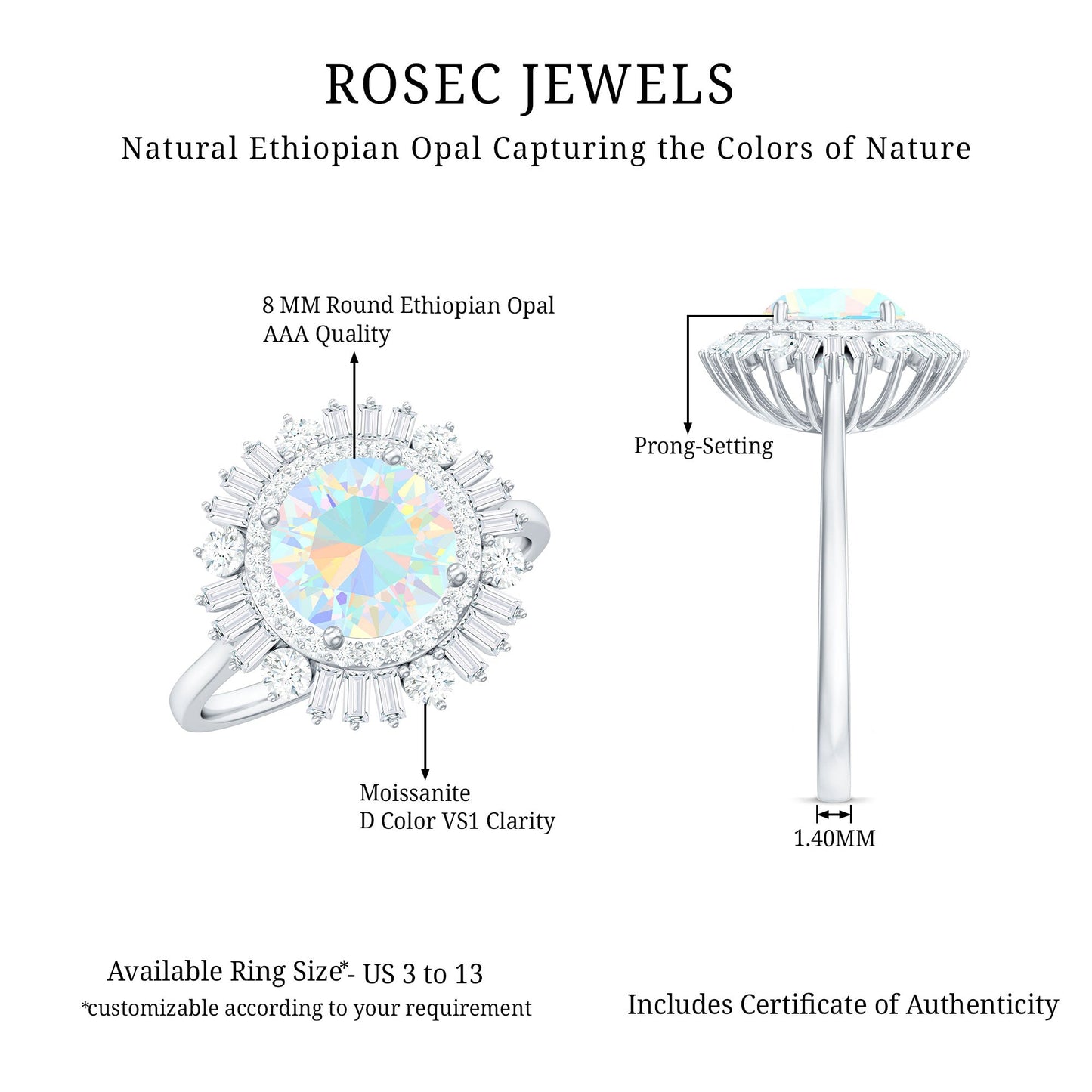 Natural 8mm Ethiopian Opal Double Halo Engagement Ring with Certificate