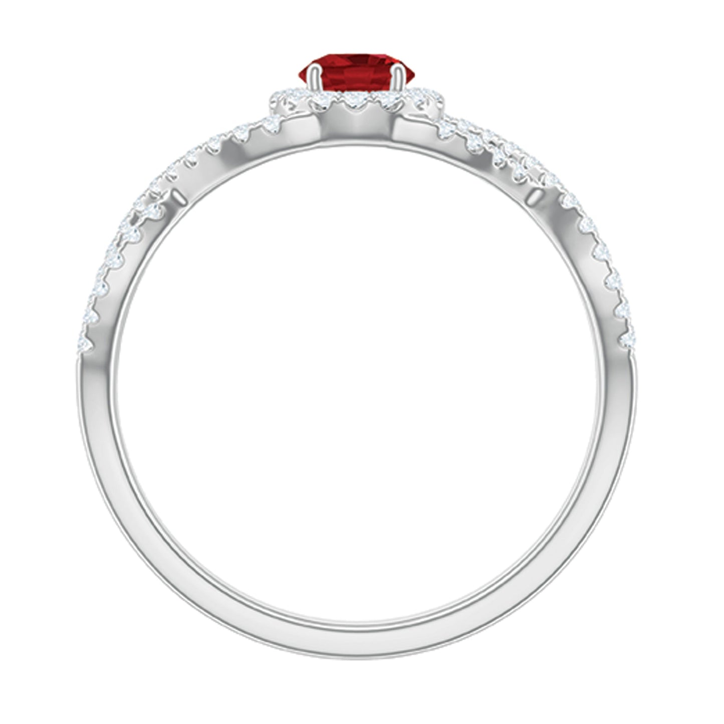 Criss Cross Shank Created Ruby and Diamond Halo Engagement Ring