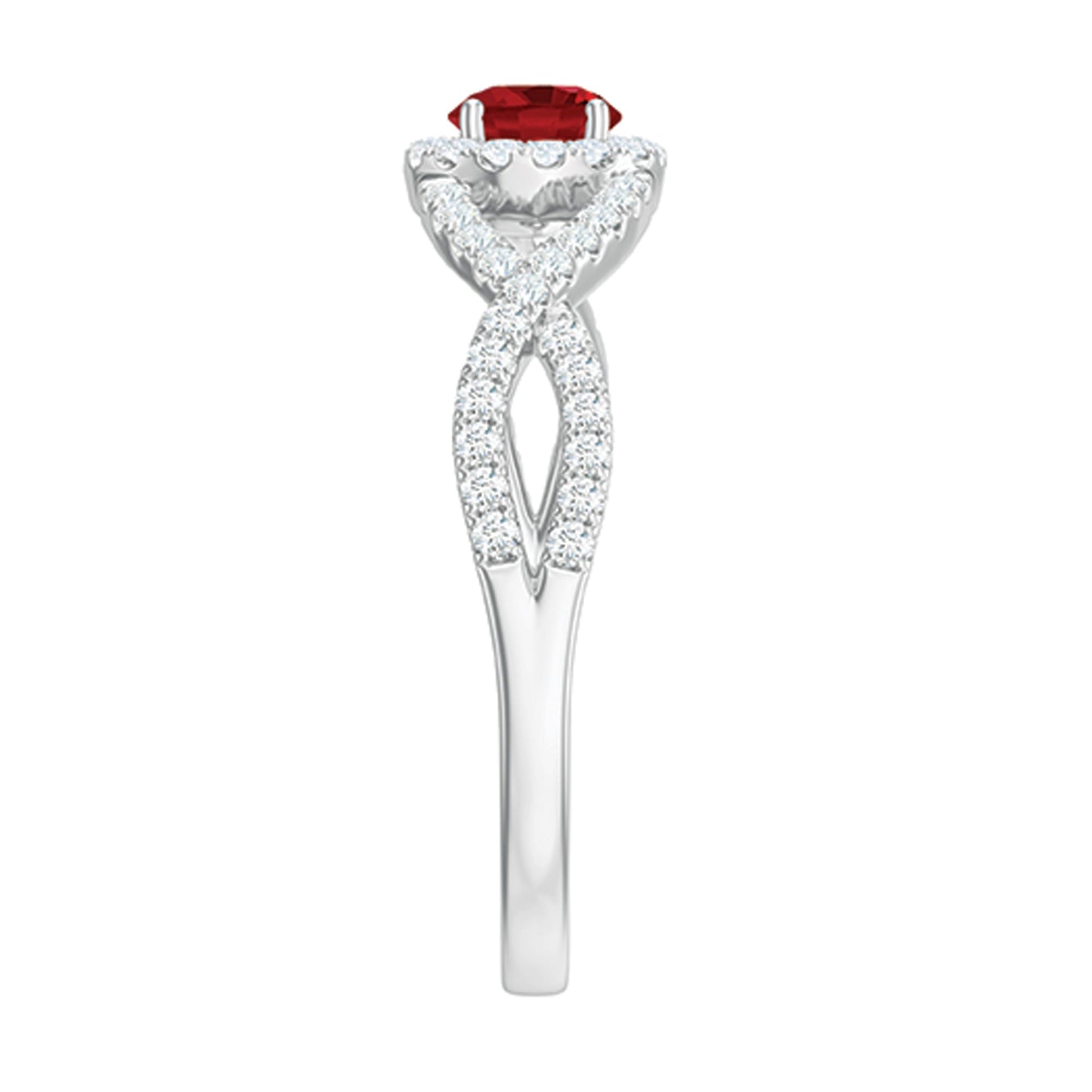Criss Cross Shank Created Ruby and Diamond Halo Engagement Ring