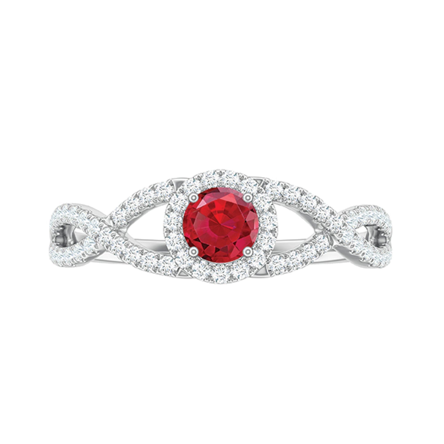 Criss Cross Shank Created Ruby and Diamond Halo Engagement Ring