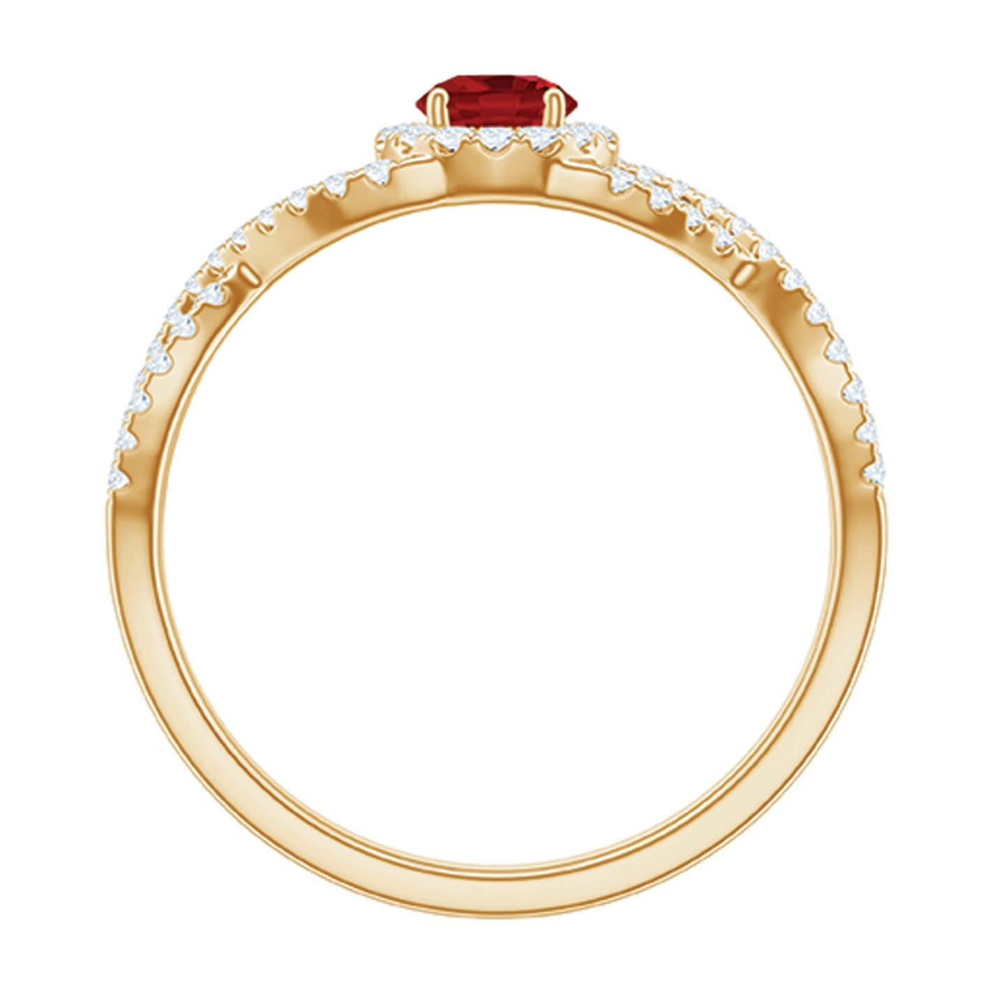Criss Cross Shank Created Ruby and Diamond Halo Engagement Ring