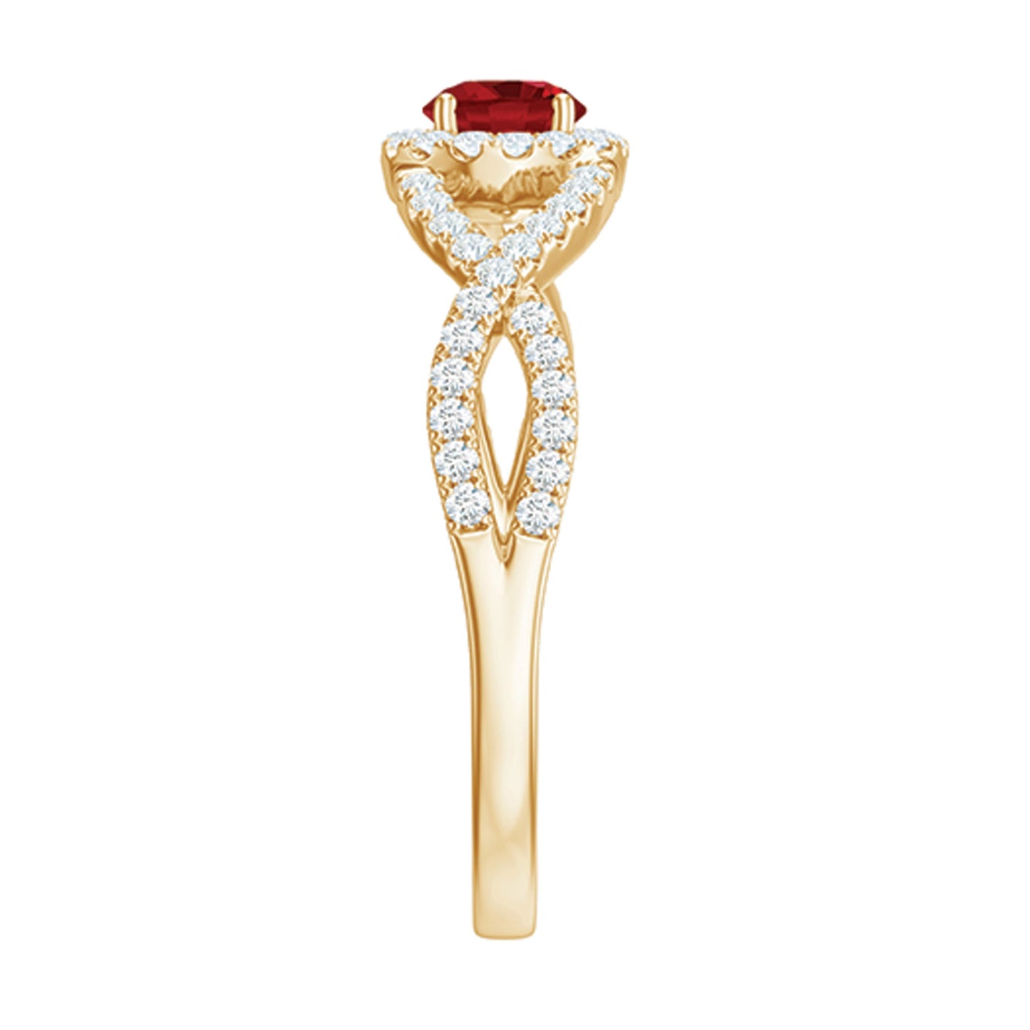 Criss Cross Shank Created Ruby and Diamond Halo Engagement Ring