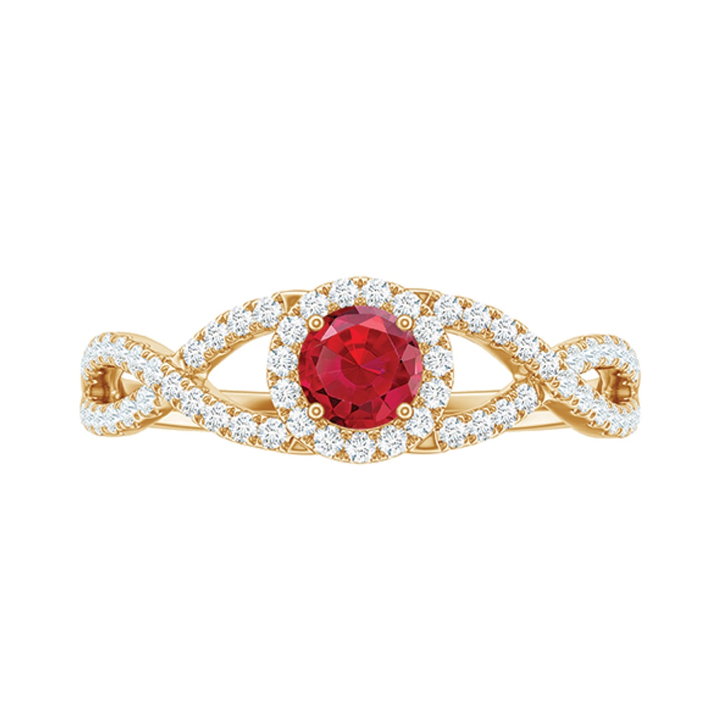 Criss Cross Shank Created Ruby and Diamond Halo Engagement Ring