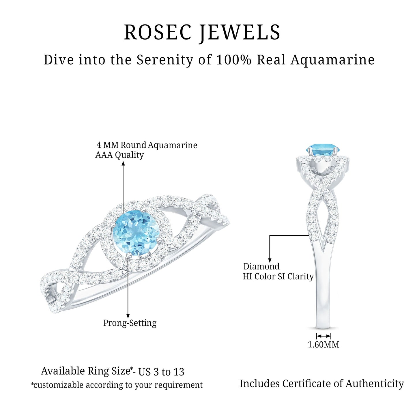 Aquamarine Criss Cross Engagement Ring with Diamond Halo