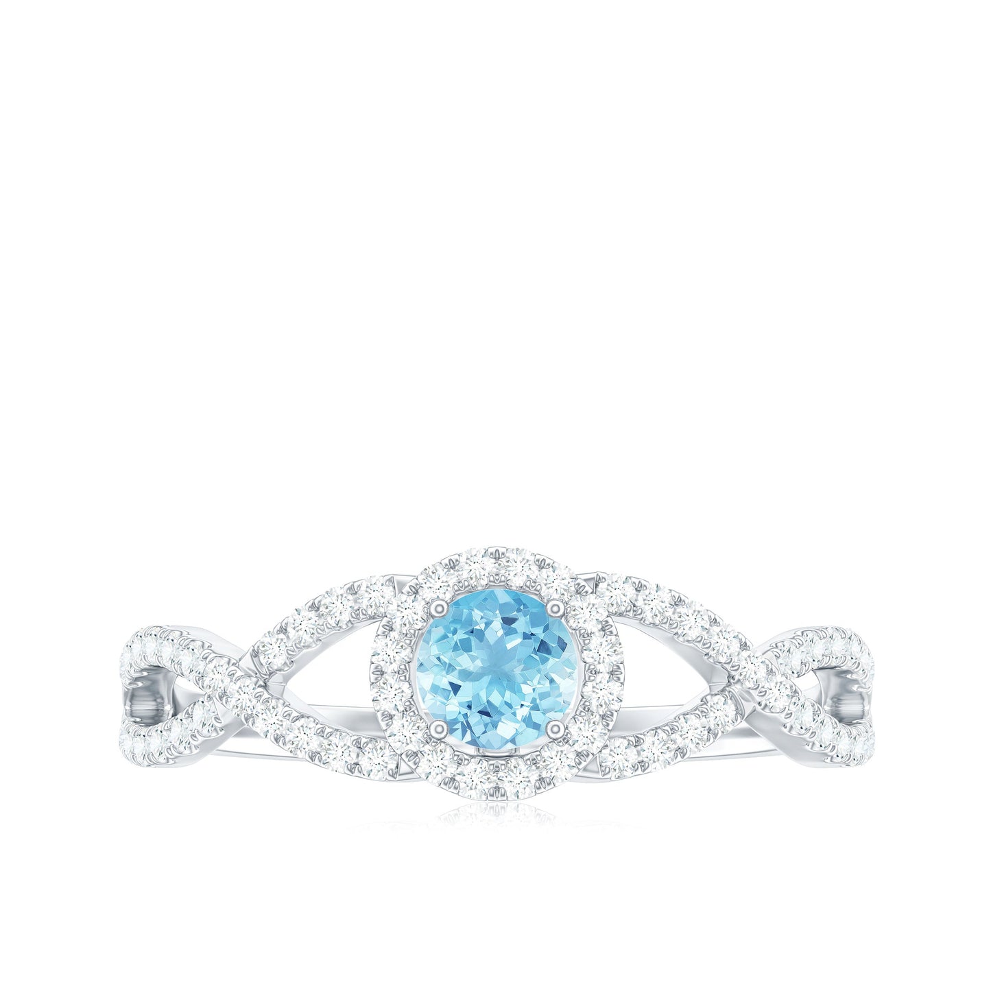 Aquamarine Criss Cross Engagement Ring with Diamond Halo