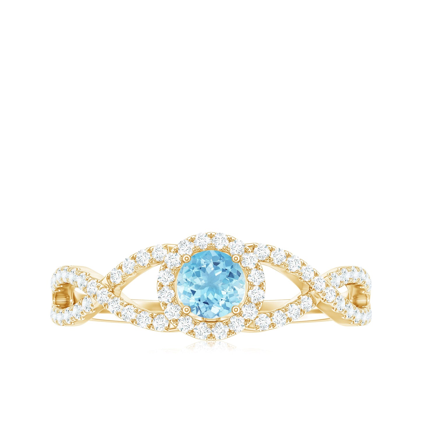 Aquamarine Criss Cross Engagement Ring with Diamond Halo