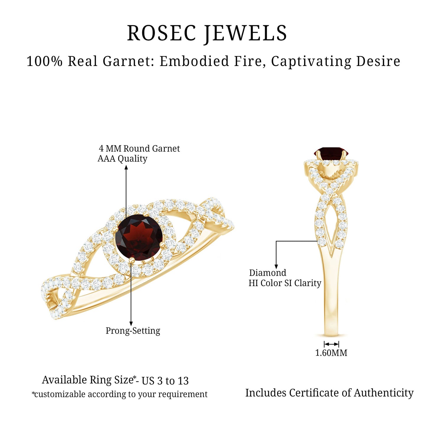 Natural Garnet Engagement Ring with Diamond Criss Cross Shank
