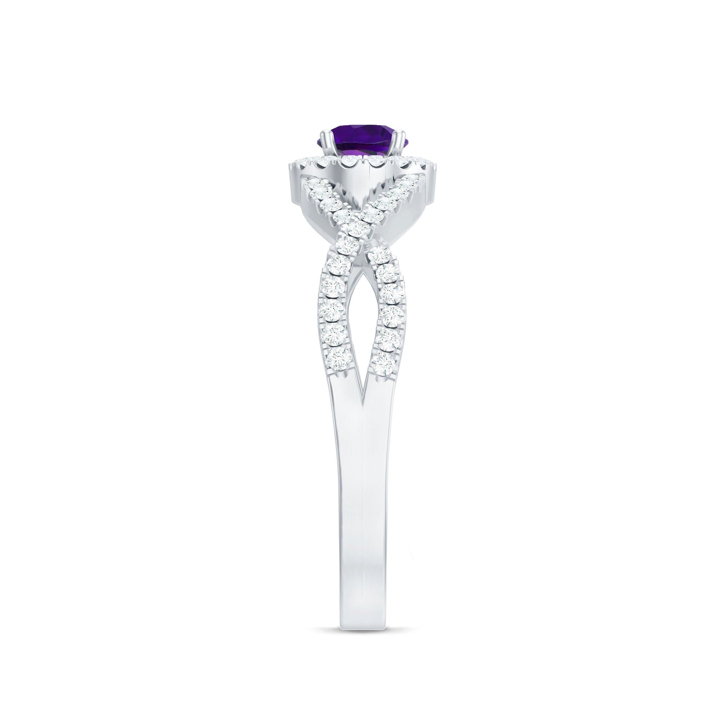 Round Amethyst and Diamond Criss Cross Engagement Ring