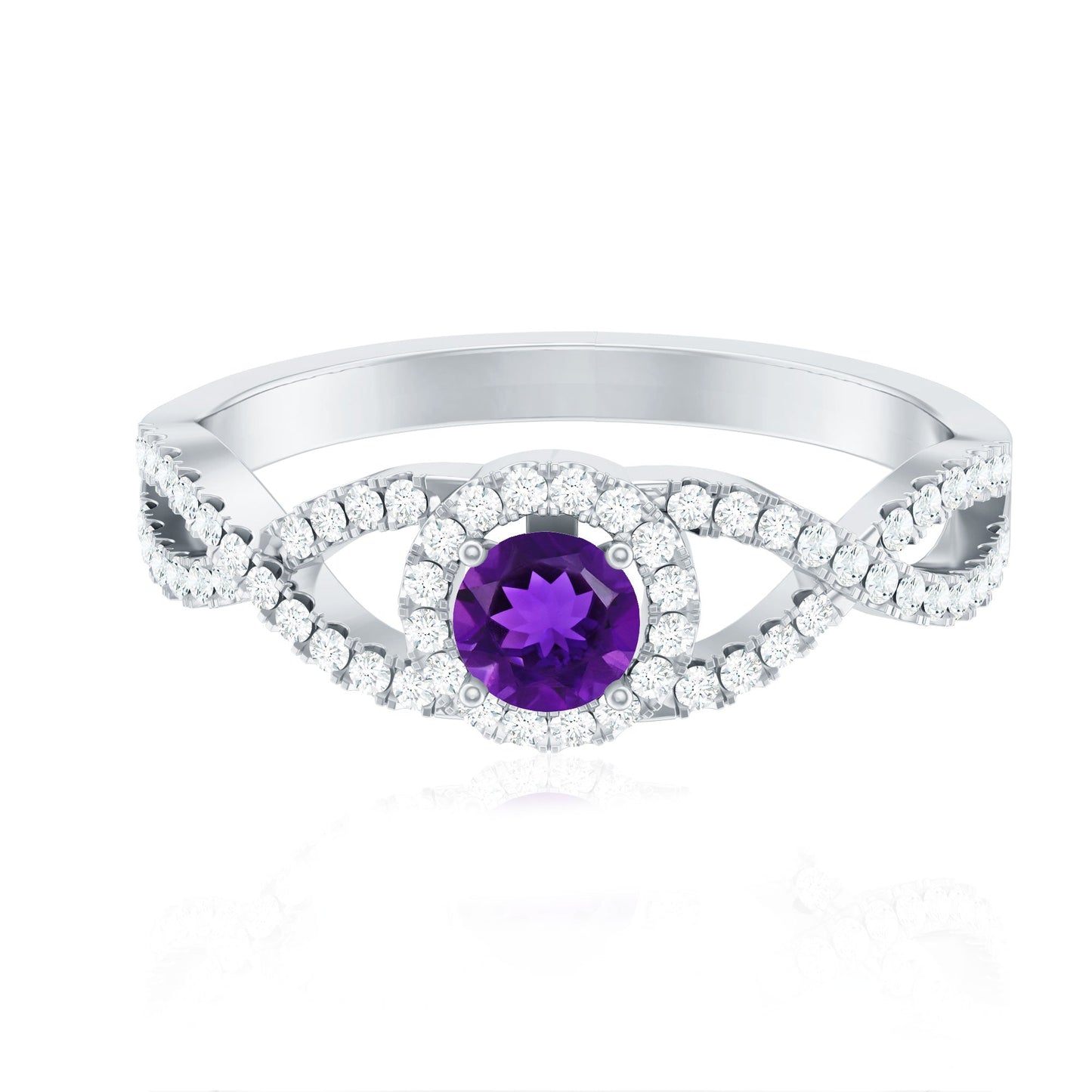Round Amethyst and Diamond Criss Cross Engagement Ring
