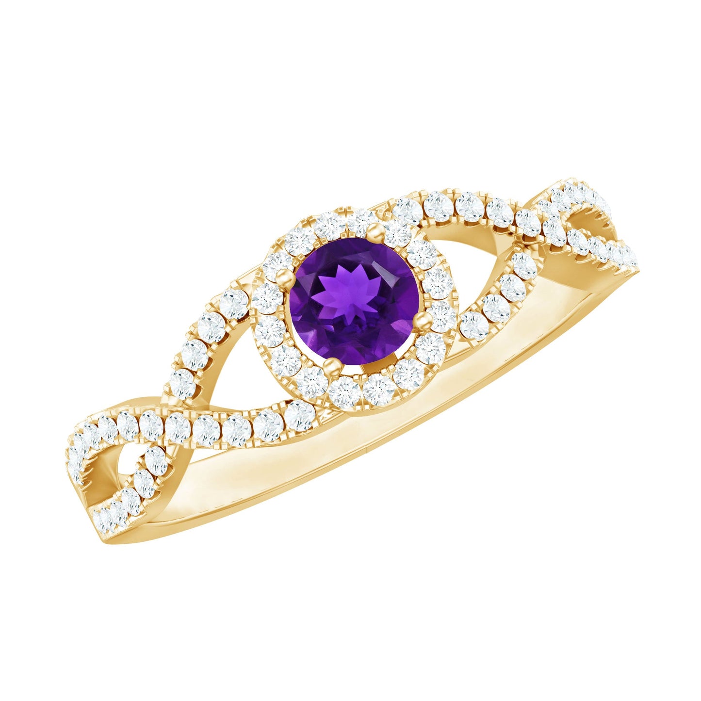 Round Amethyst and Diamond Criss Cross Engagement Ring