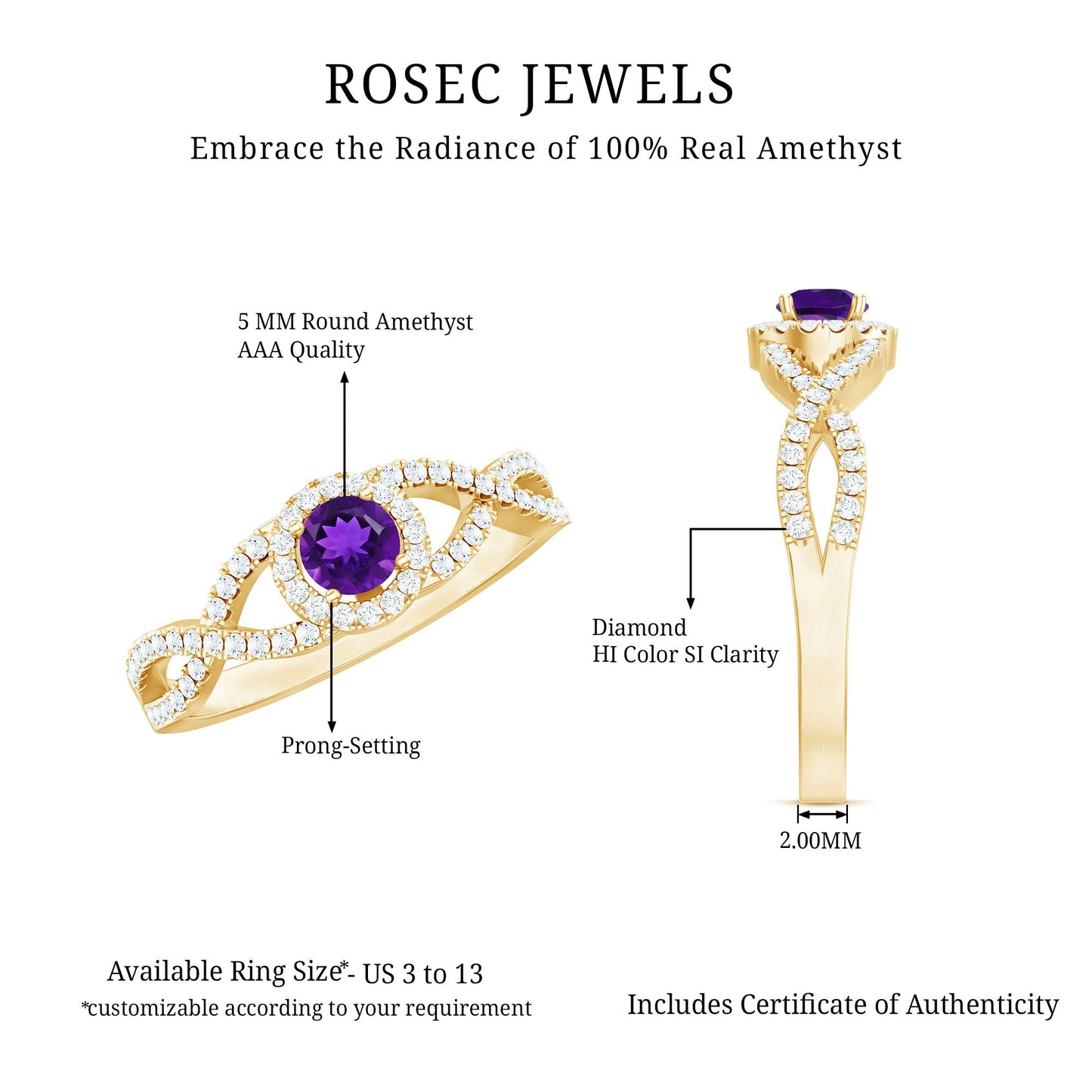 Round Amethyst and Diamond Criss Cross Engagement Ring