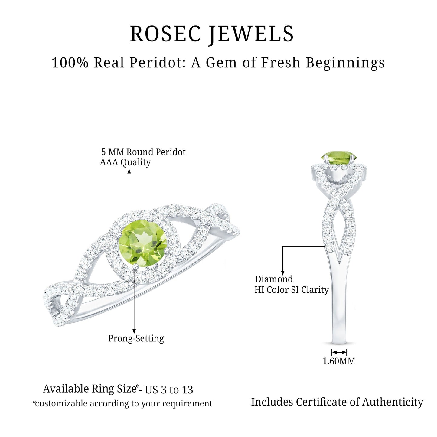 Natural 0.5 Carat Peridot Engagement Ring with Diamond Criss Cross Shank