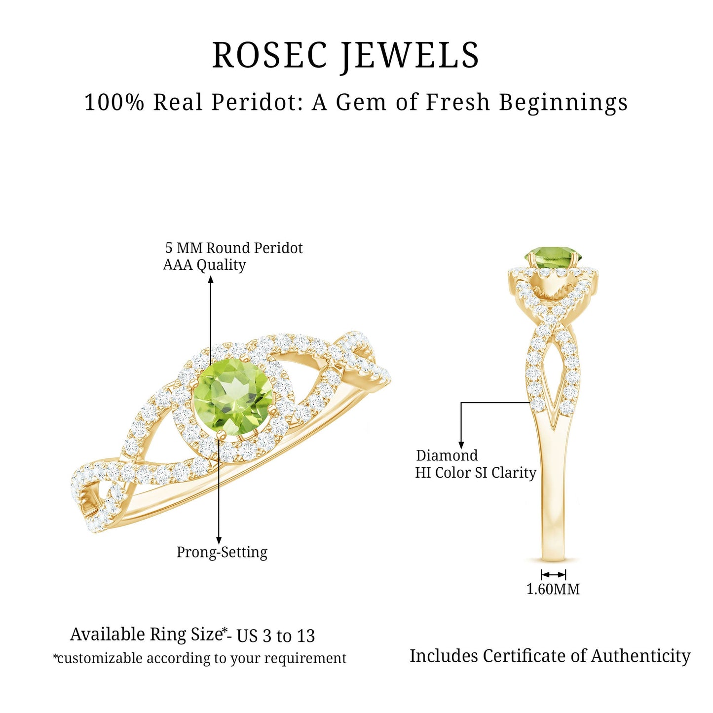 Natural 0.5 Carat Peridot Engagement Ring with Diamond Criss Cross Shank