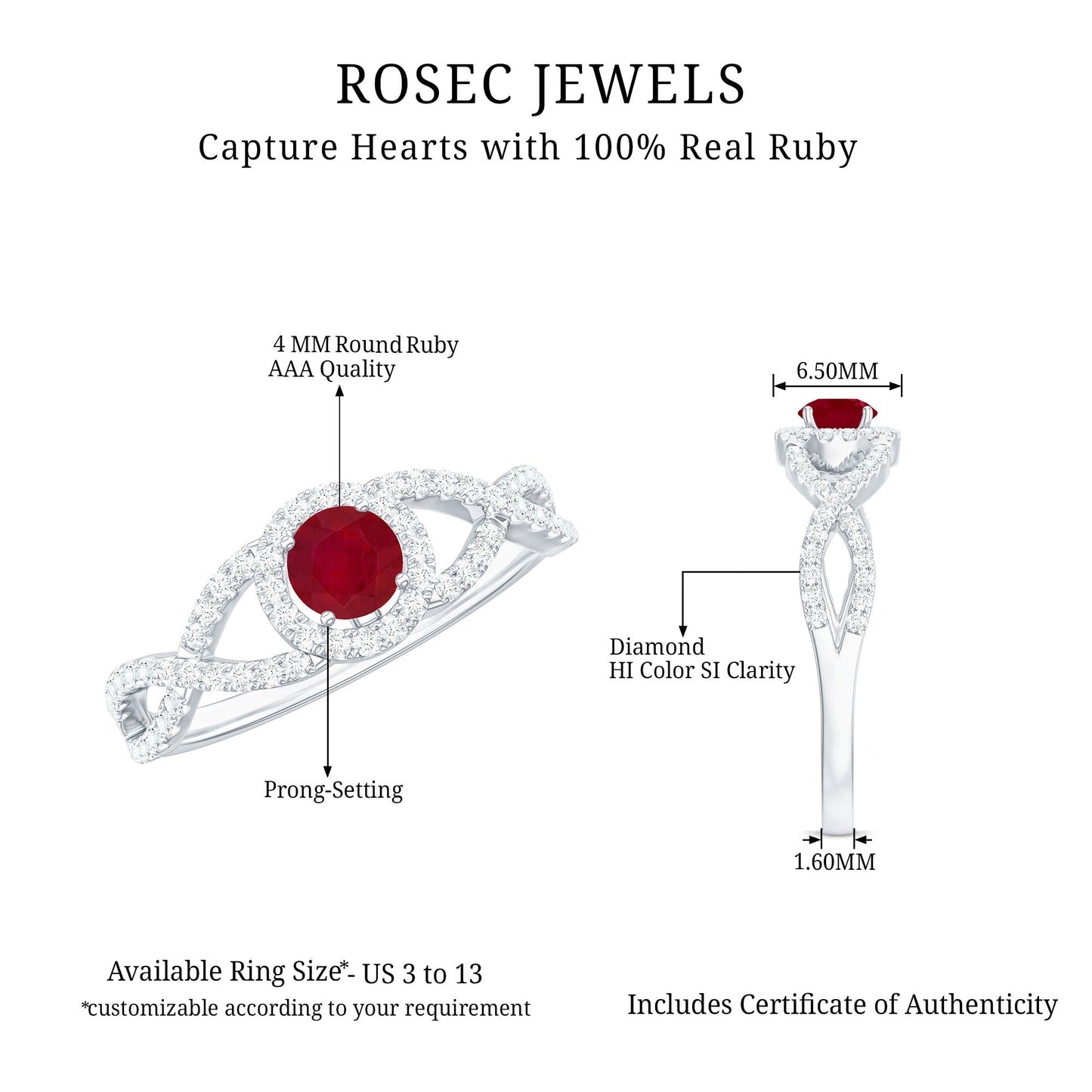 Genuine Ruby Engagement Ring with Diamond Criss Cross Shank