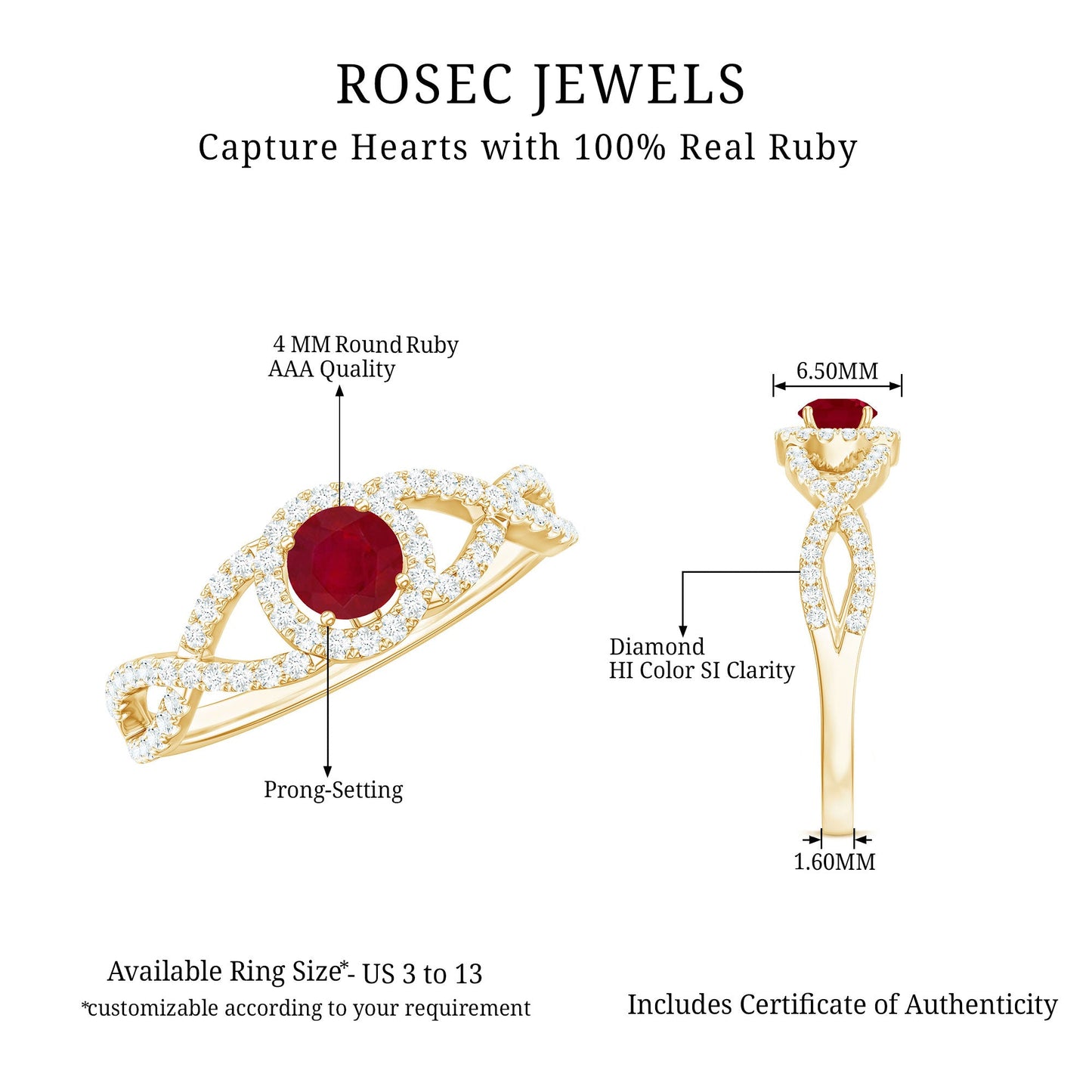 Genuine Ruby Engagement Ring with Diamond Criss Cross Shank