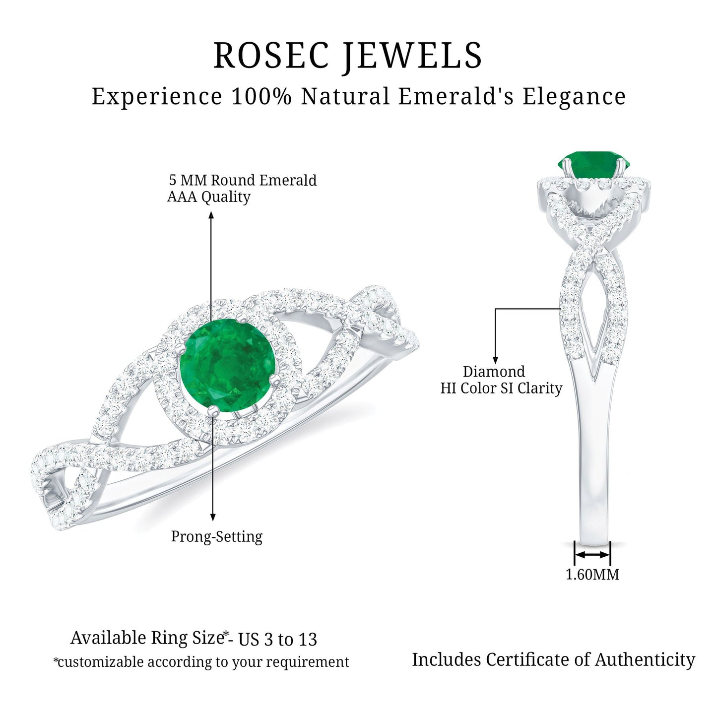 Real Emerald and Diamond Criss Cross Engagement Ring