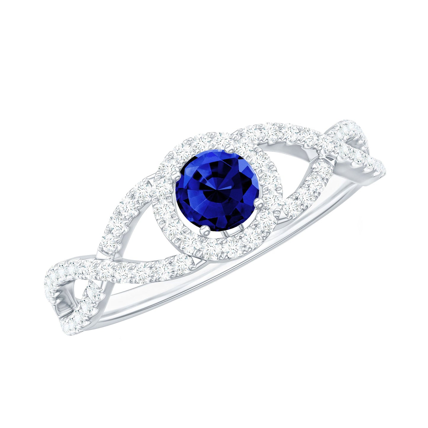 Certified 0.6 Carat Lab Grown Blue Sapphire Crossover Engagement Ring with Moissanite