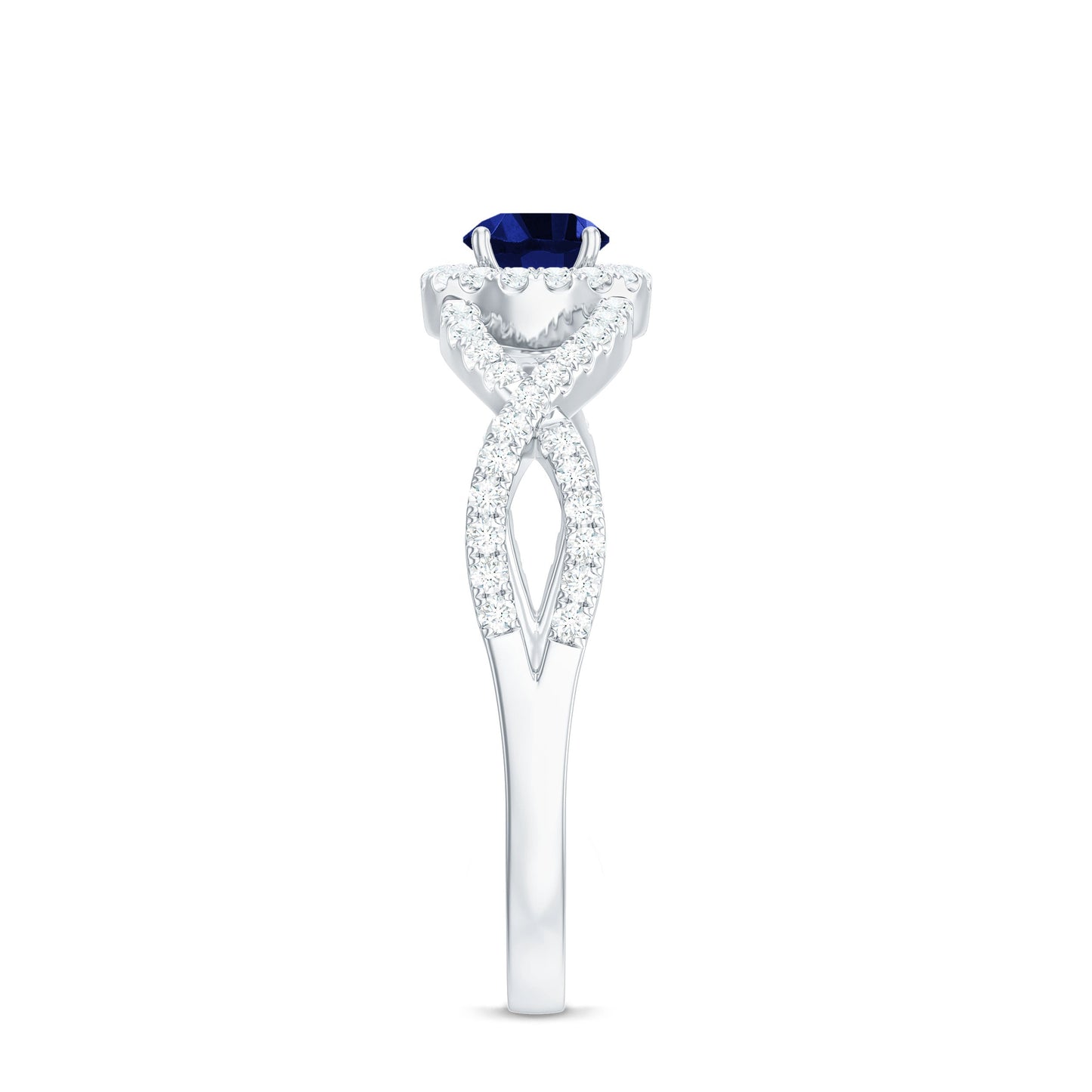 Certified 0.6 Carat Lab Grown Blue Sapphire Crossover Engagement Ring with Moissanite