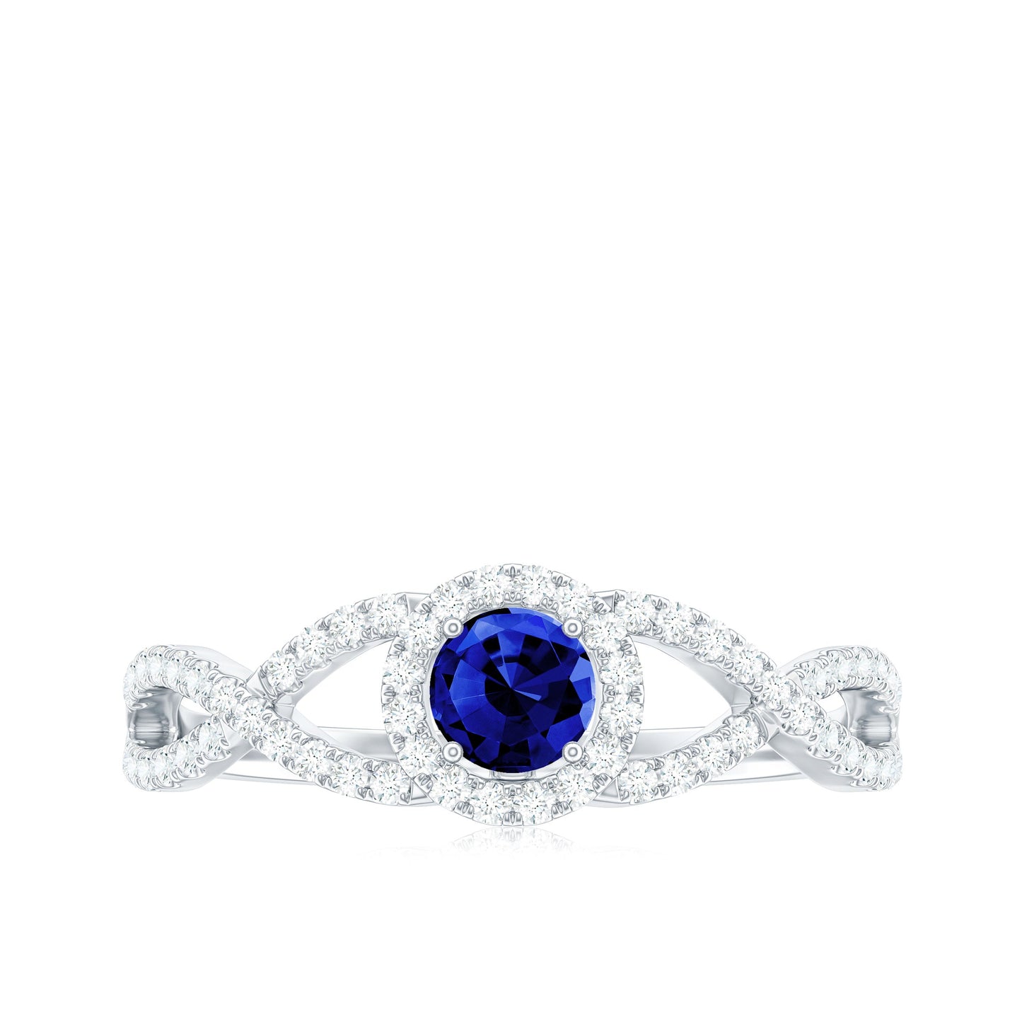 Certified 0.6 Carat Lab Grown Blue Sapphire Crossover Engagement Ring with Moissanite