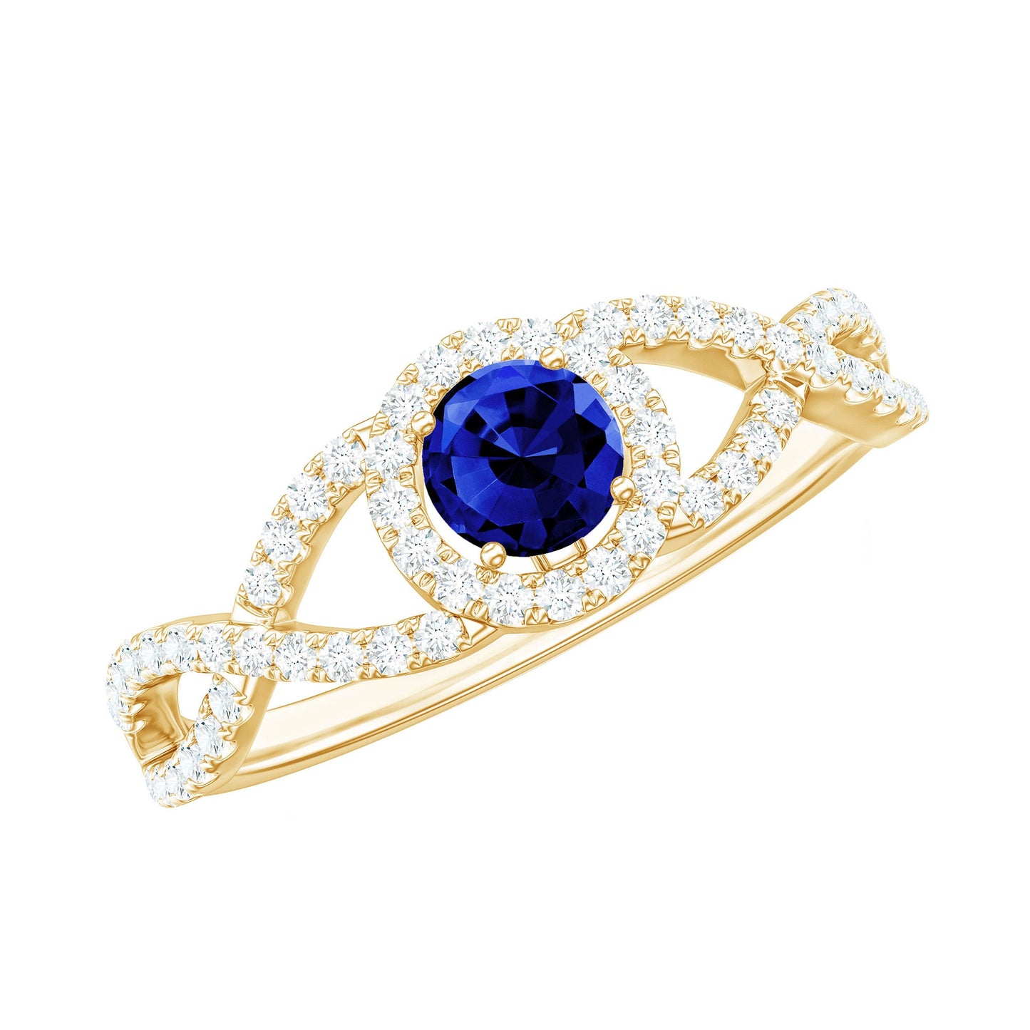 Certified 0.6 Carat Lab Grown Blue Sapphire Crossover Engagement Ring with Moissanite