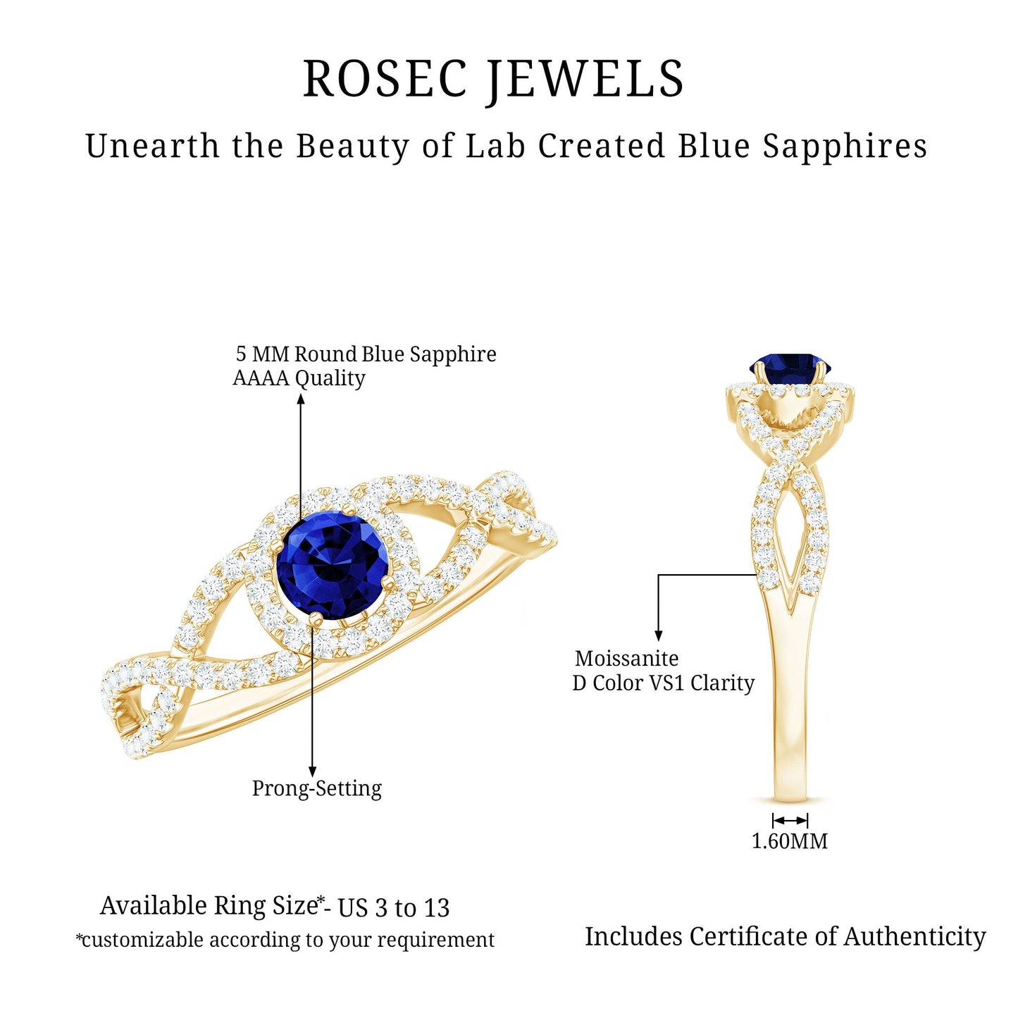 Certified 0.6 Carat Lab Grown Blue Sapphire Crossover Engagement Ring with Moissanite