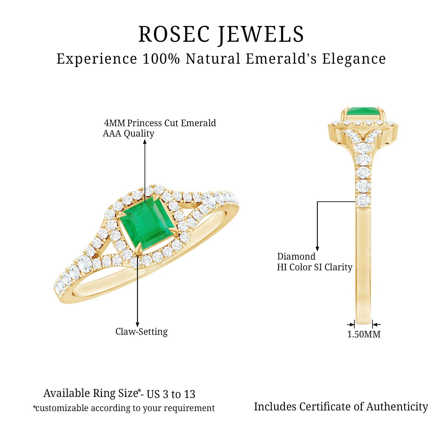 Princess Cut Emerald Engagement Ring with Diamond Split Shank