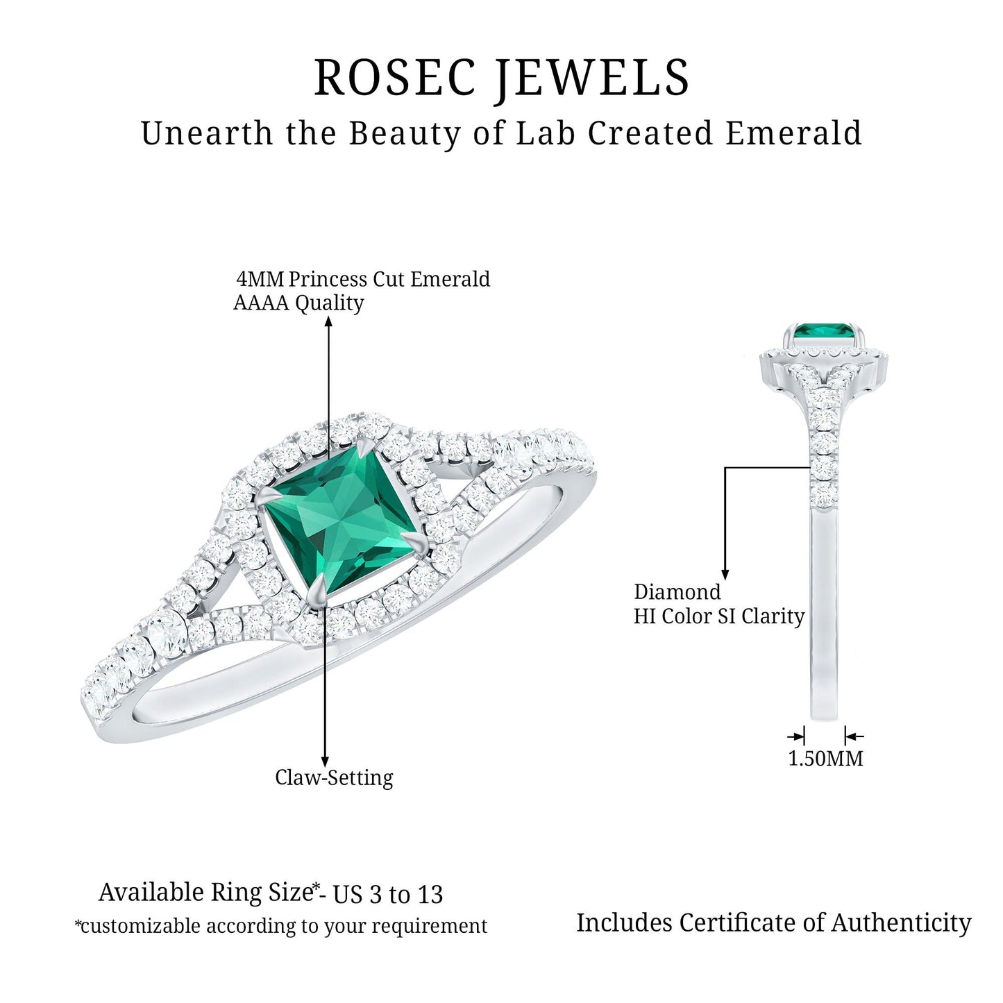 Certified Princess Cut Lab Grown Emerald Diamond Promise Ring