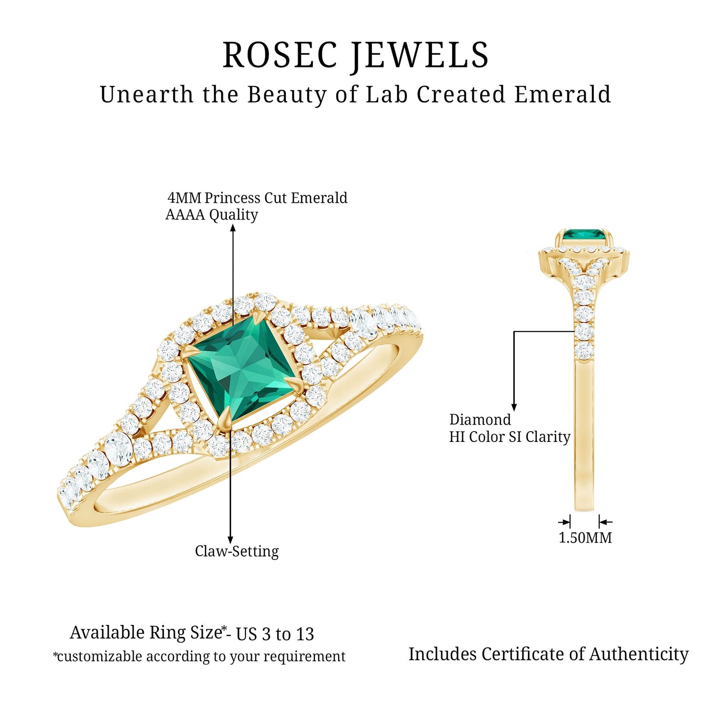 Certified Princess Cut Lab Grown Emerald Diamond Promise Ring