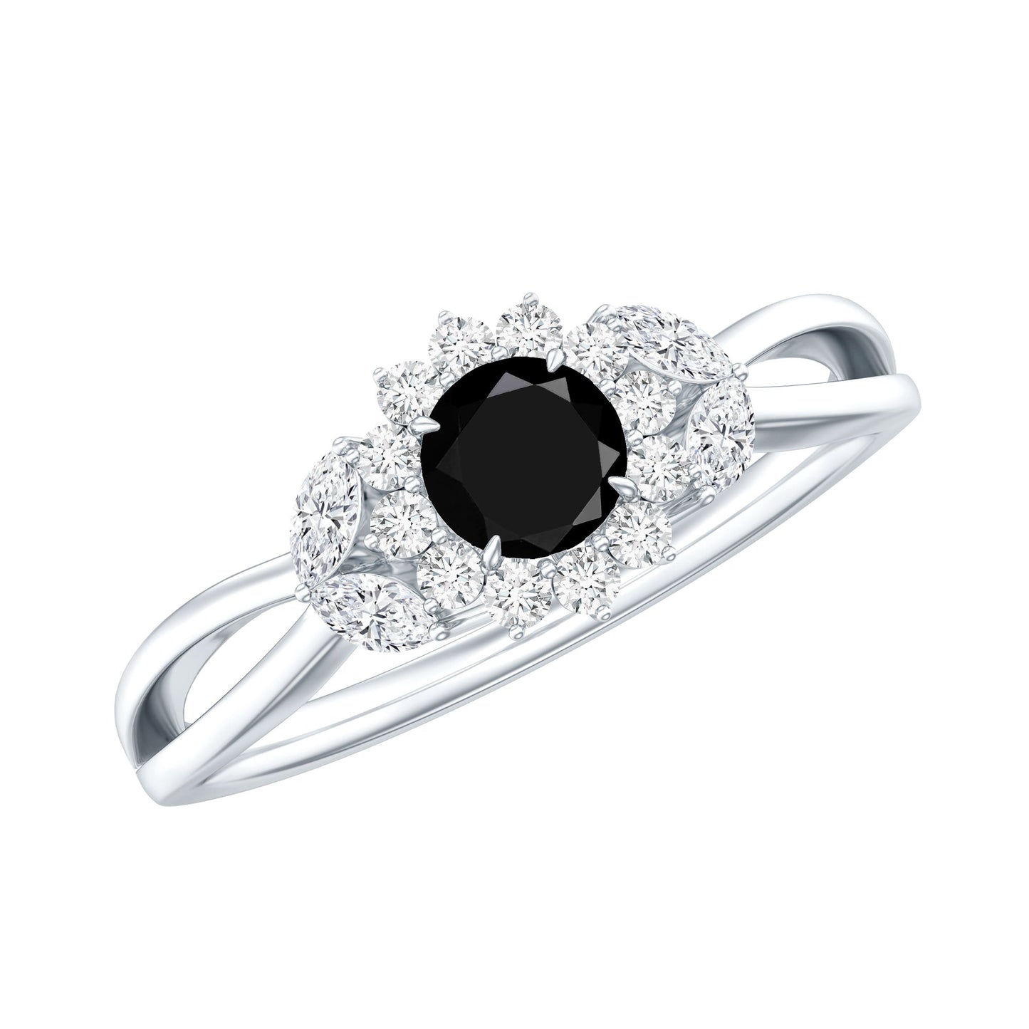 Split Shank Created Black Diamond Flower Ring with Diamond Accent