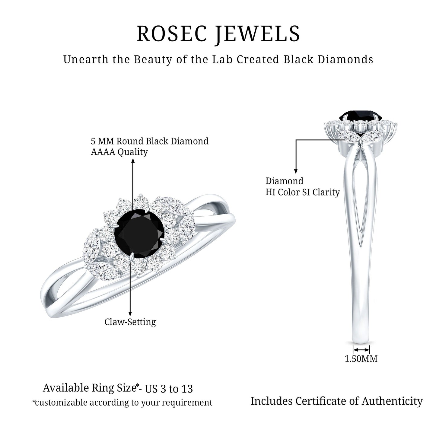 Split Shank Created Black Diamond Flower Ring with Diamond Accent