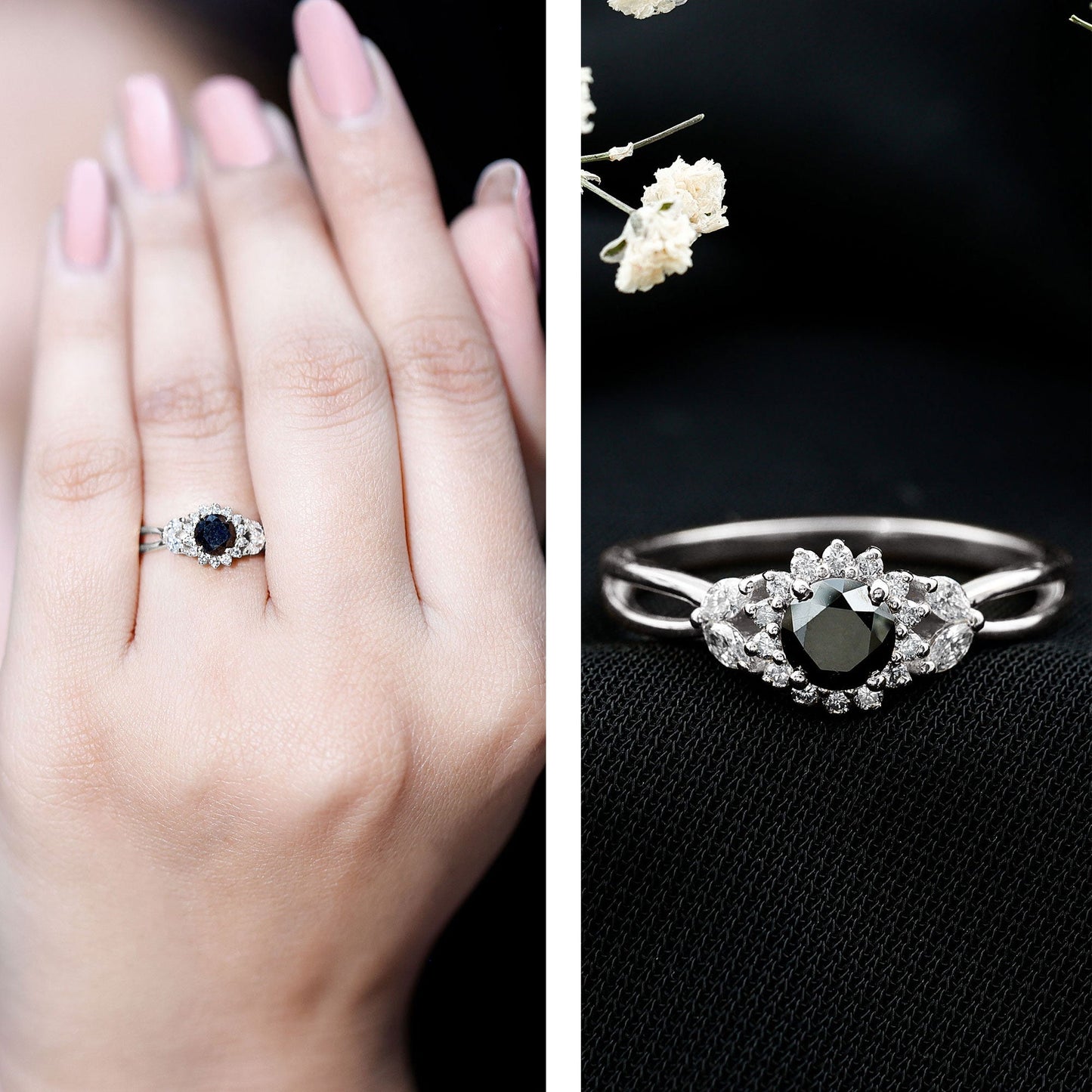 Split Shank Created Black Diamond Flower Ring with Diamond Accent