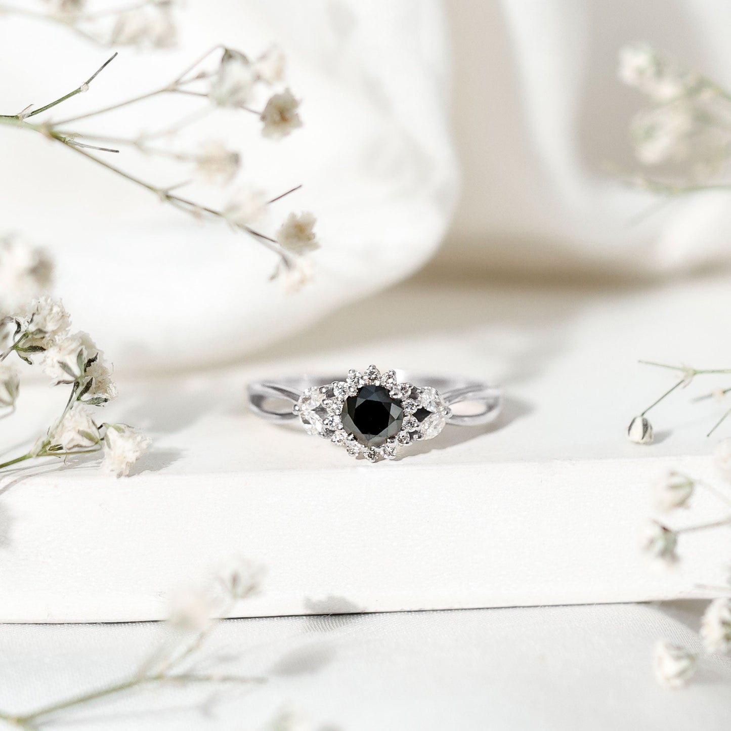 Split Shank Created Black Diamond Flower Ring with Diamond Accent
