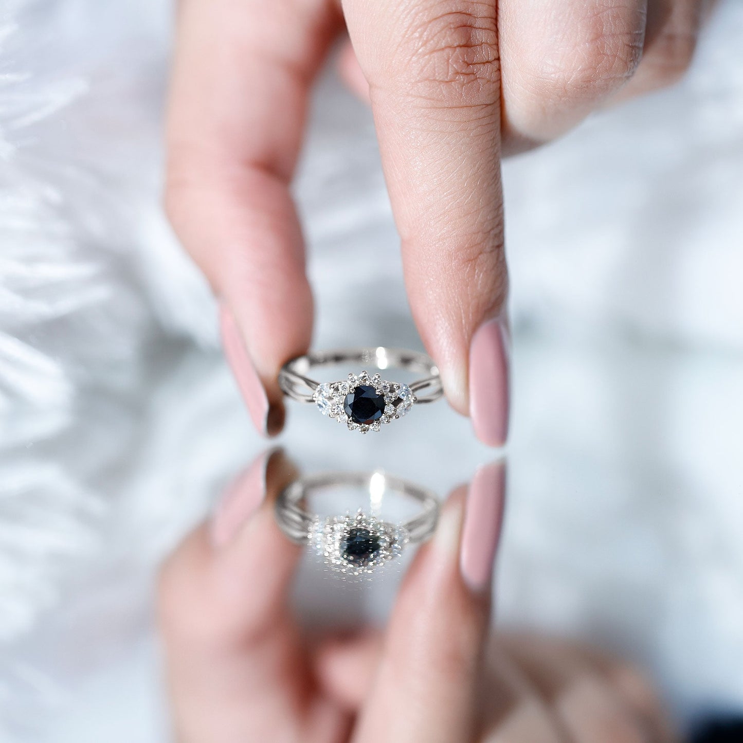 Split Shank Created Black Diamond Flower Ring with Diamond Accent