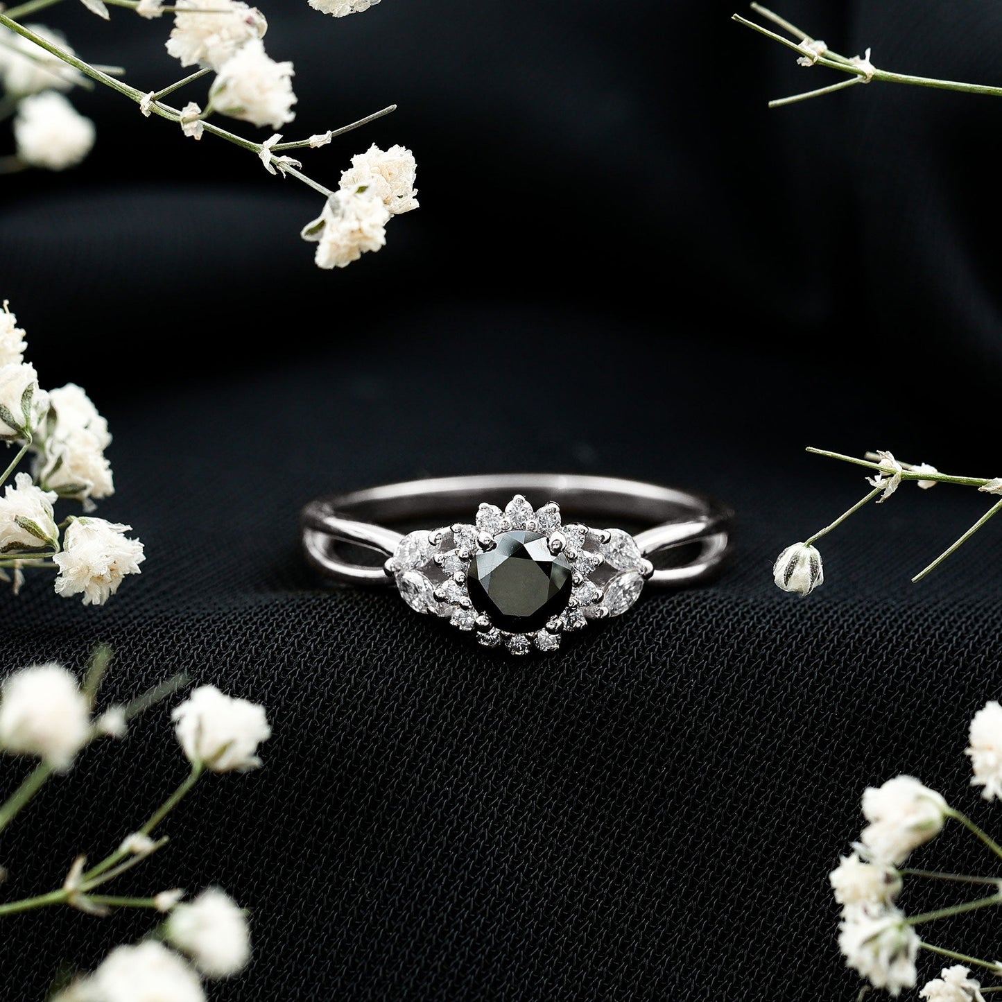 Split Shank Created Black Diamond Flower Ring with Diamond Accent