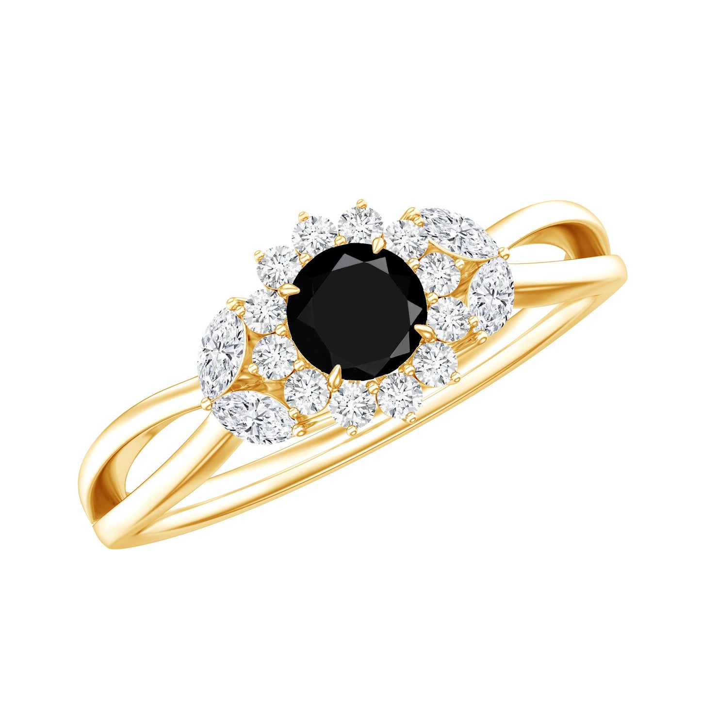 Split Shank Created Black Diamond Flower Ring with Diamond Accent