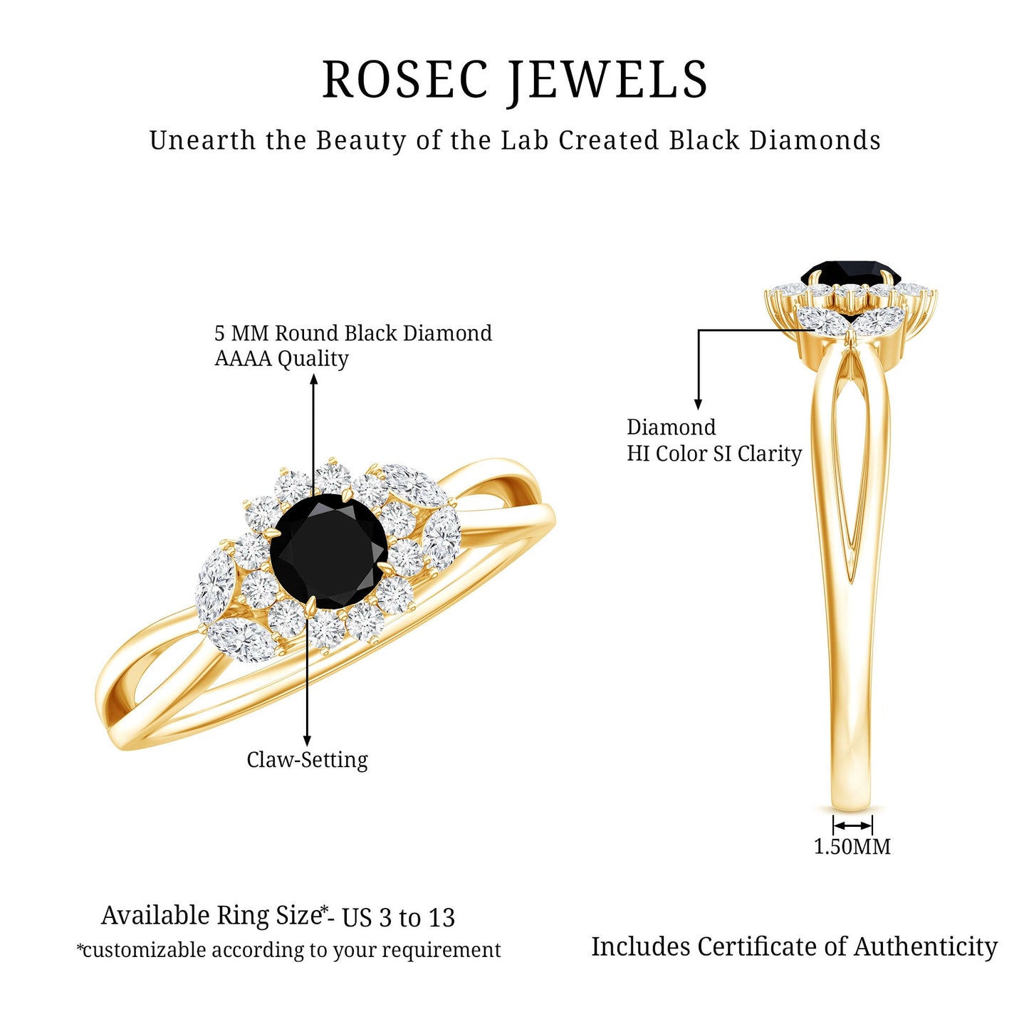Split Shank Created Black Diamond Flower Ring with Diamond Accent