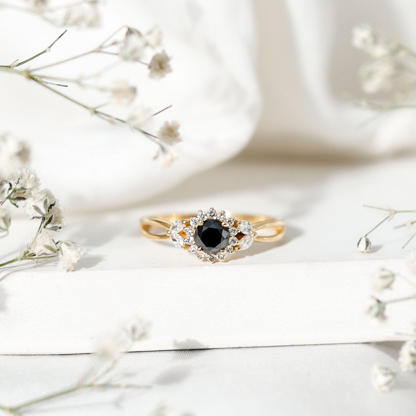 Split Shank Created Black Diamond Flower Ring with Diamond Accent