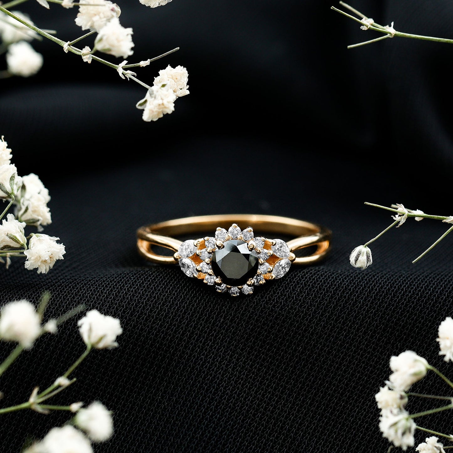 Split Shank Created Black Diamond Flower Ring with Diamond Accent