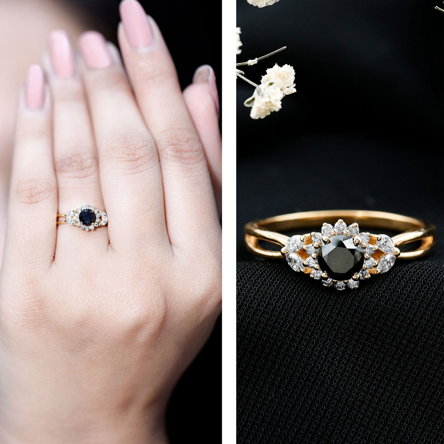 Split Shank Created Black Diamond Flower Ring with Diamond Accent