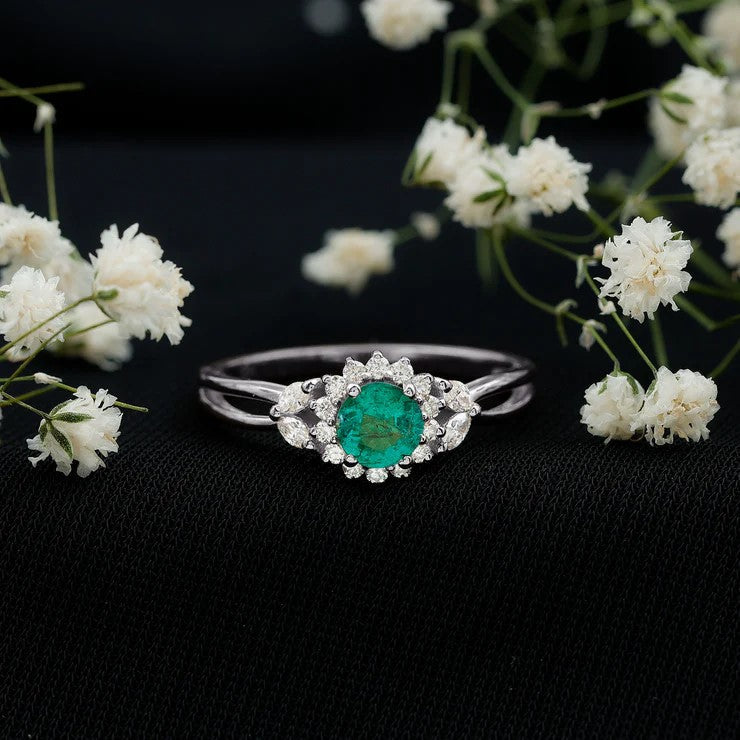 Real Emerald and Diamond Flower Engagement Ring with Split Shank