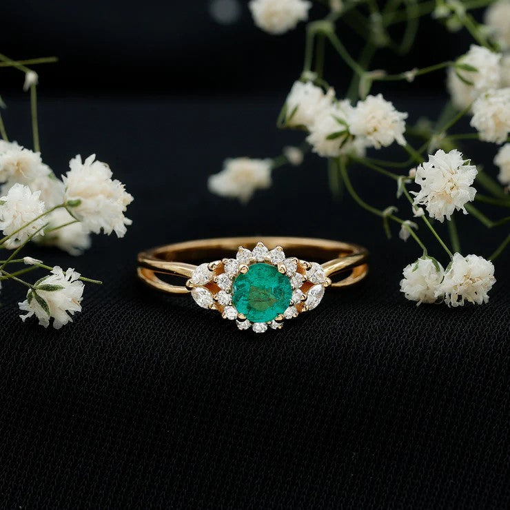 Real Emerald and Diamond Flower Engagement Ring with Split Shank